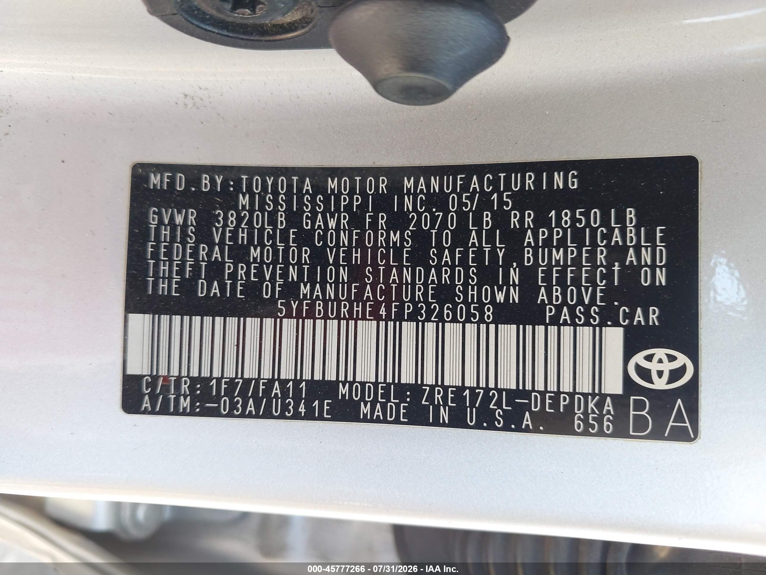 2015 Toyota Corolla L White vin: 5YFBURHE4FP326058