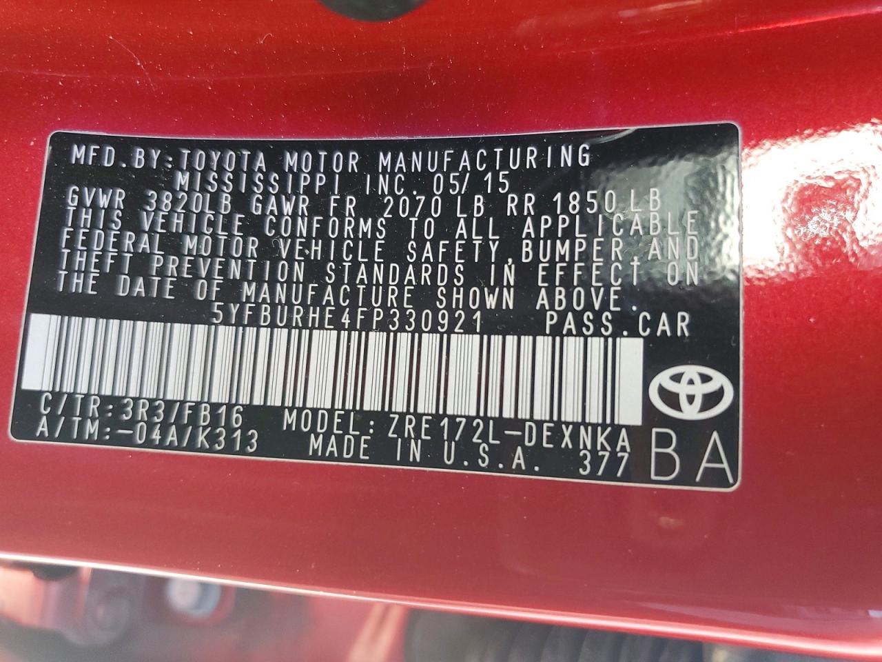 2015 Toyota Corolla L Red vin: 5YFBURHE4FP330921