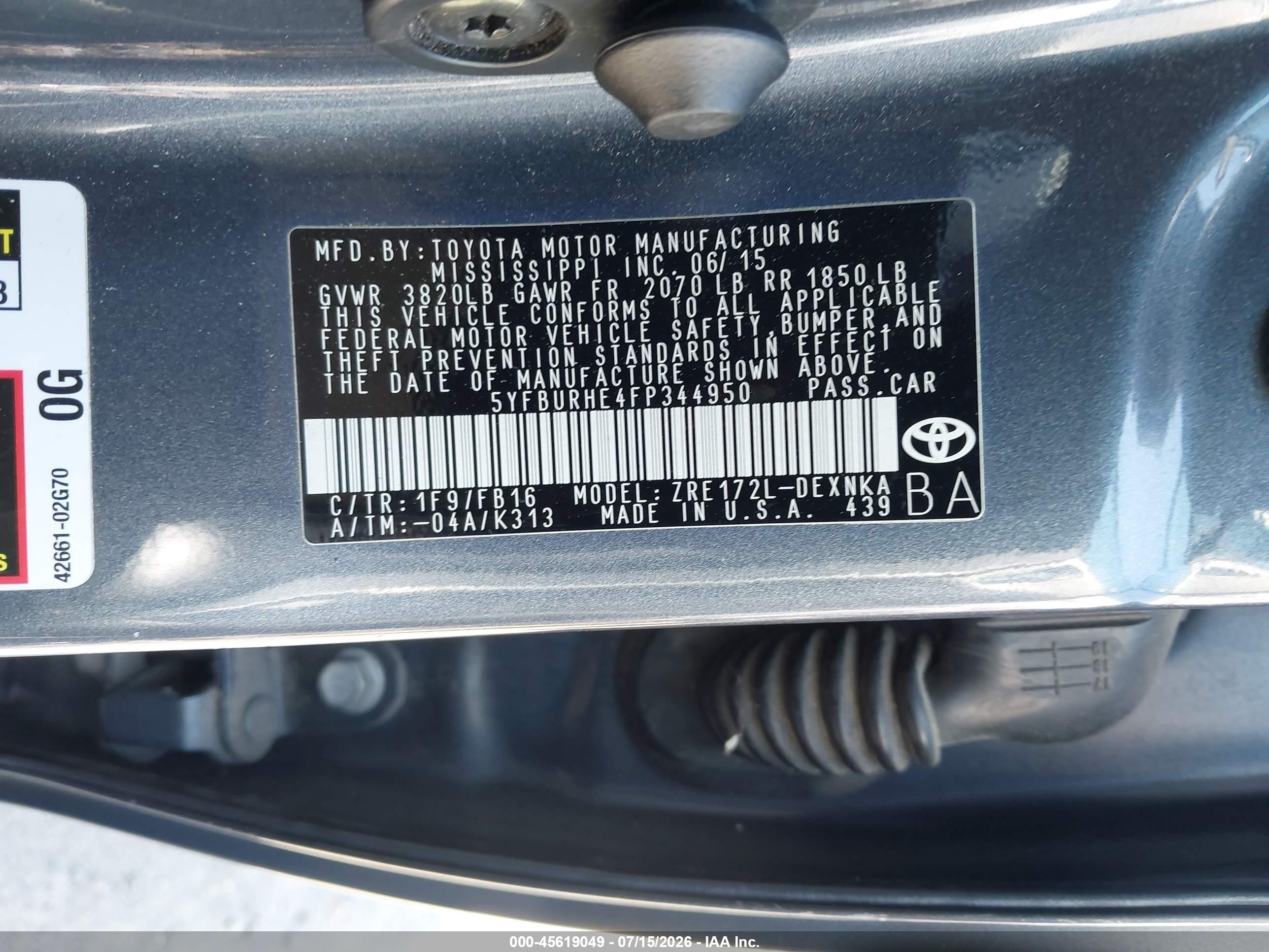 2015 Toyota Corolla Le Blue vin: 5YFBURHE4FP344950