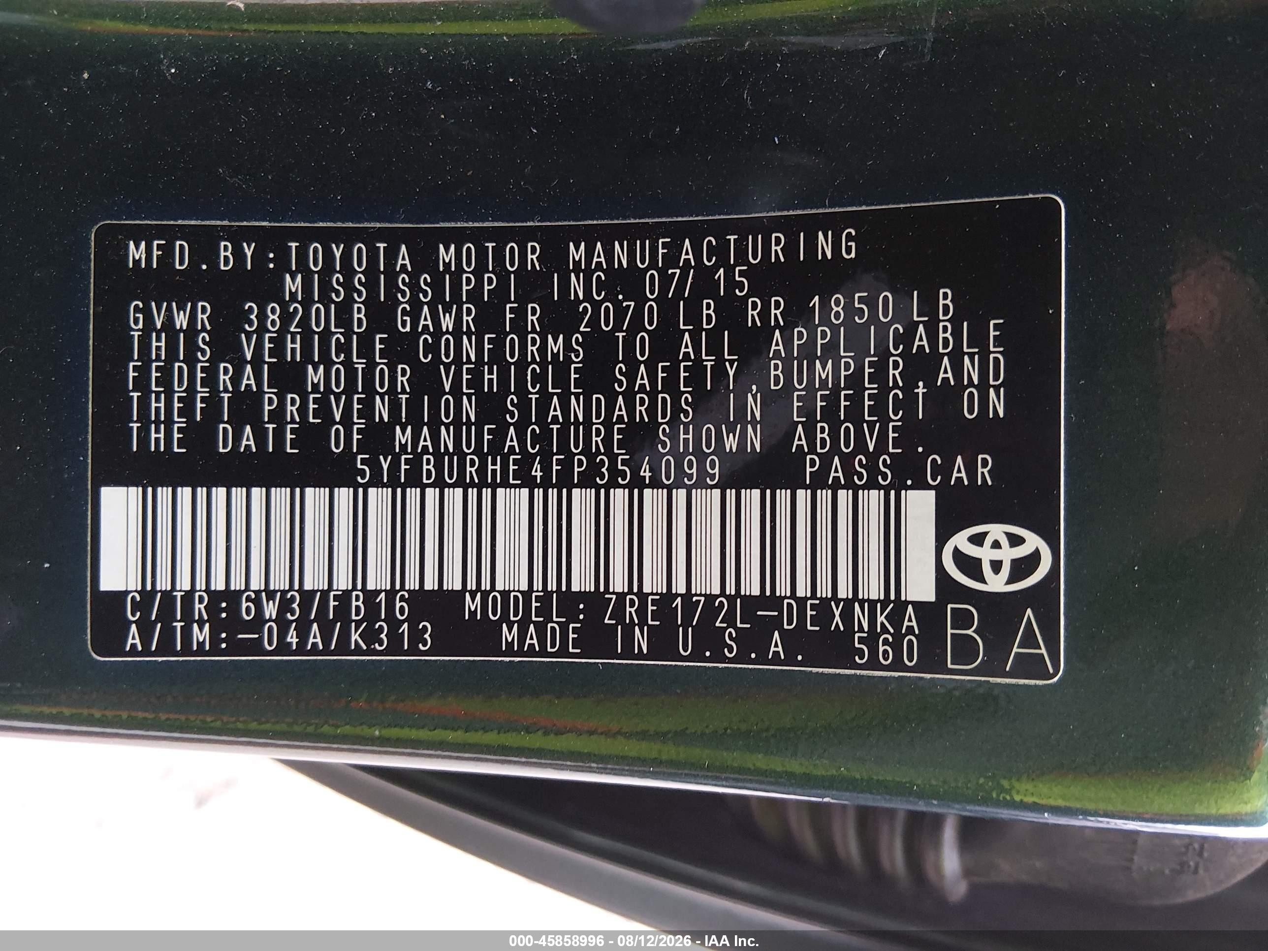 2015 Toyota Corolla Le Green vin: 5YFBURHE4FP354099
