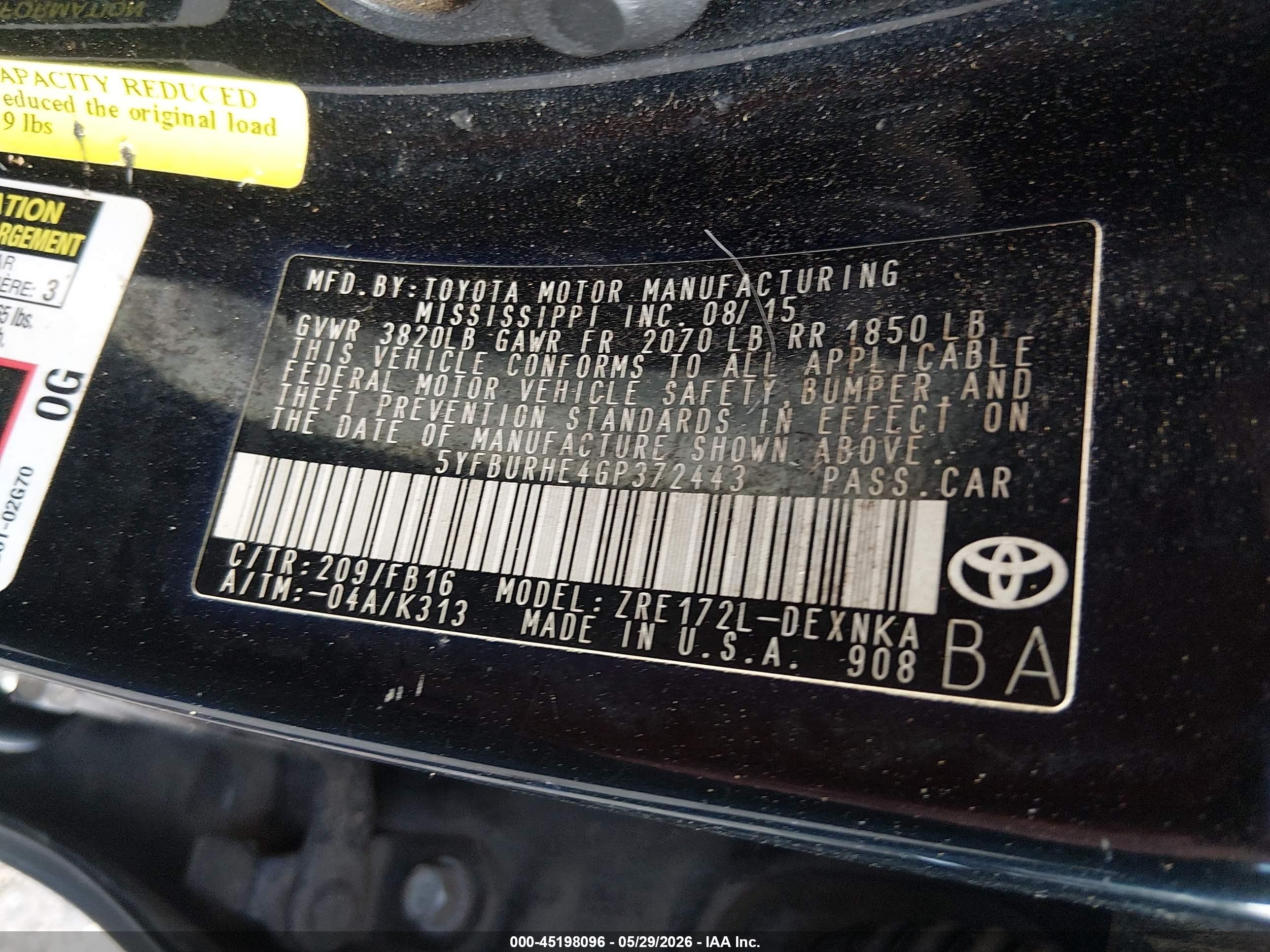 2016 Toyota Corolla Le Black vin: 5YFBURHE4GP372443