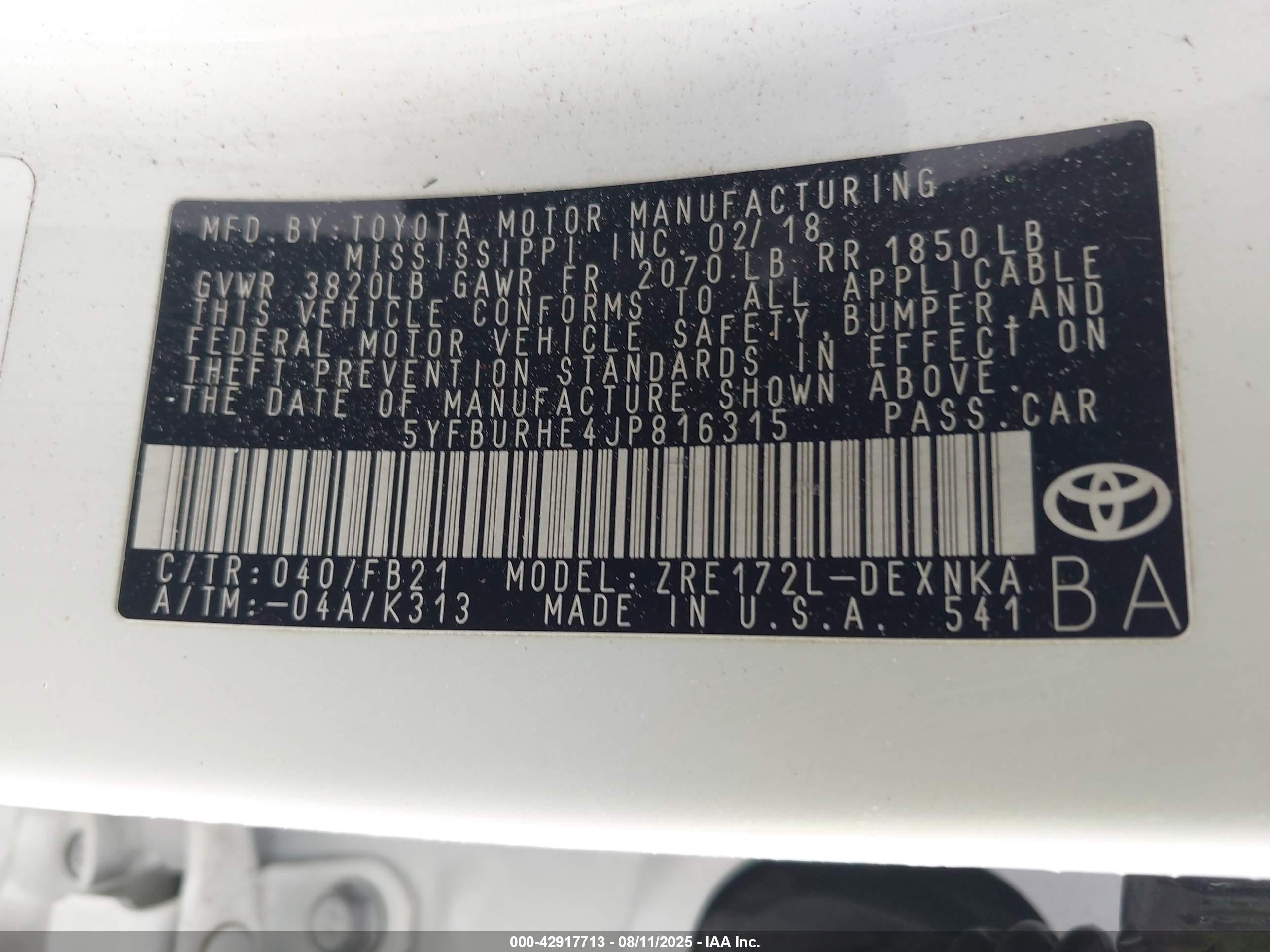 2018 Toyota Corolla Le Белый vin: 5YFBURHE4JP816315