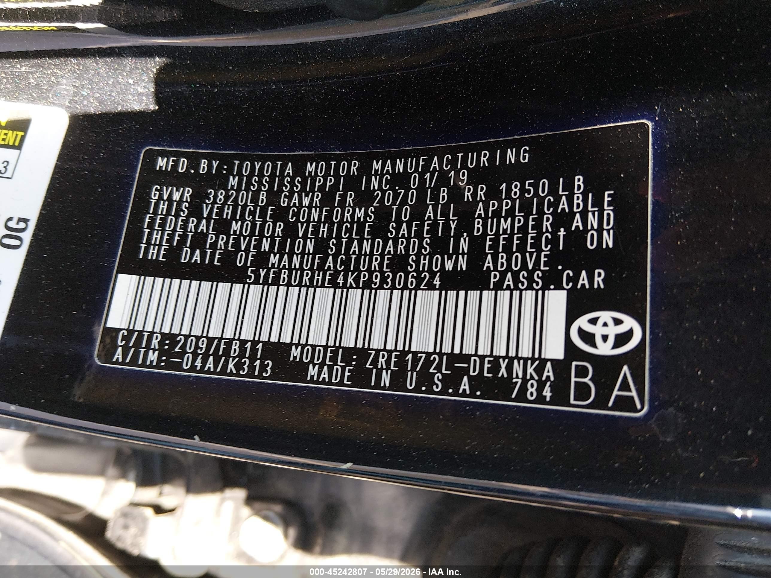 2019 Toyota Corolla Le Черный vin: 5YFBURHE4KP930624