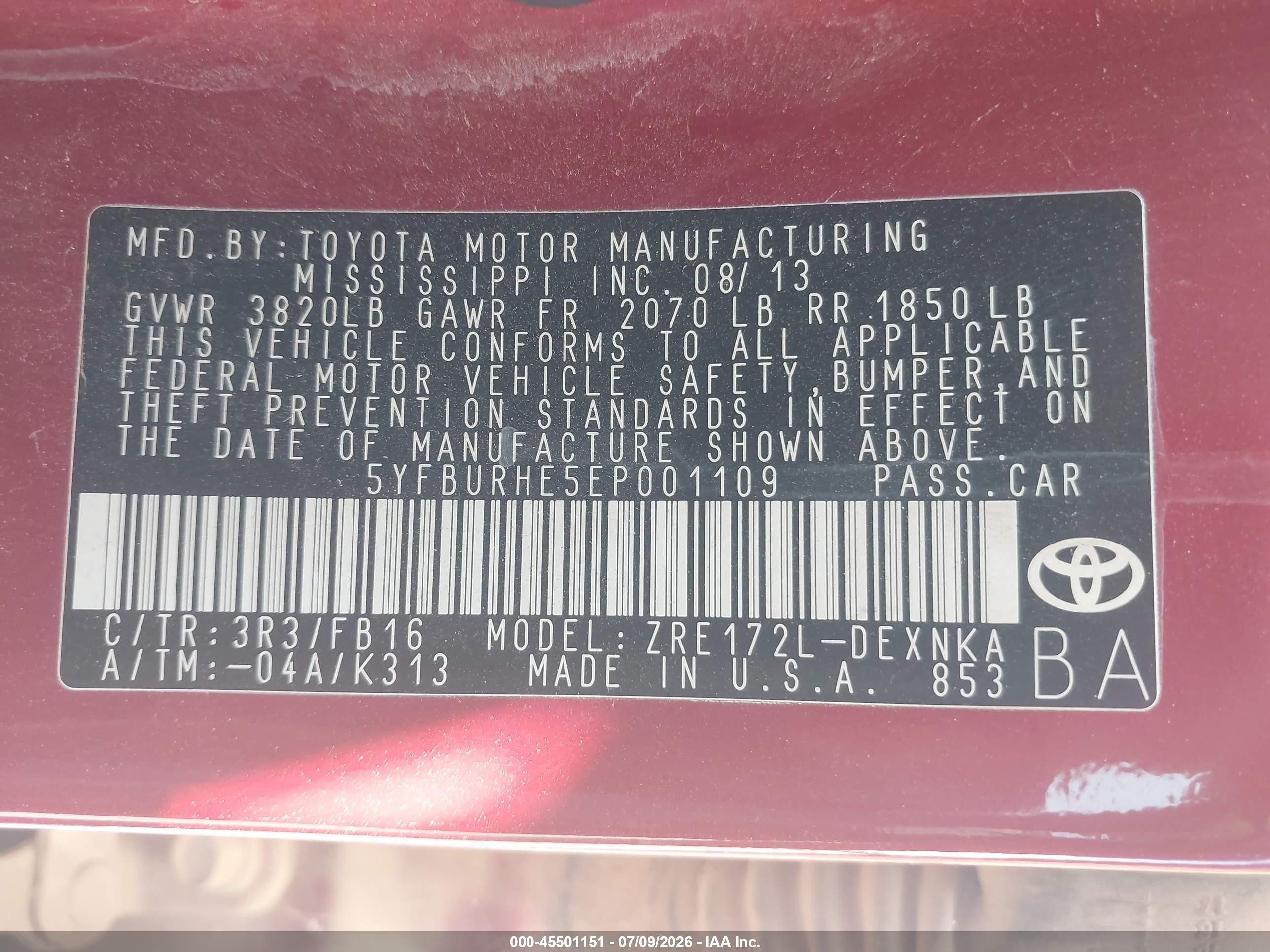 2014 Toyota Corolla Le Red vin: 5YFBURHE5EP001109