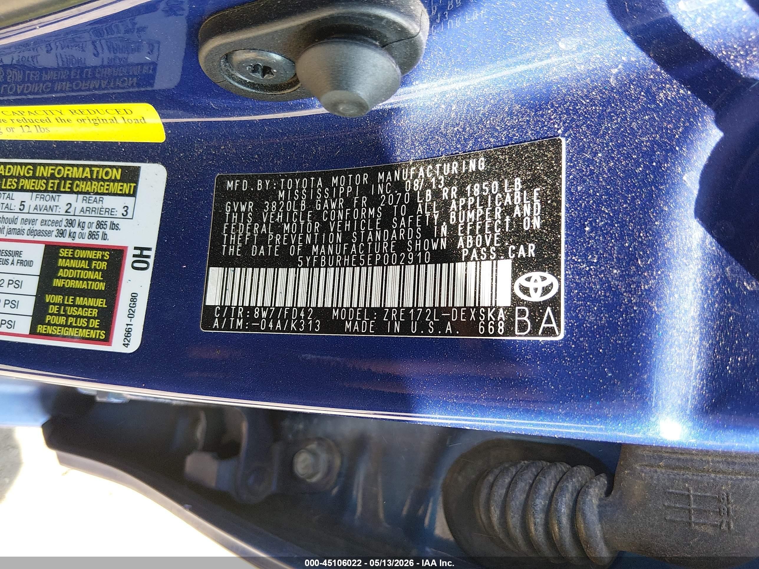 2014 Toyota Corolla S Plus Blue vin: 5YFBURHE5EP002910