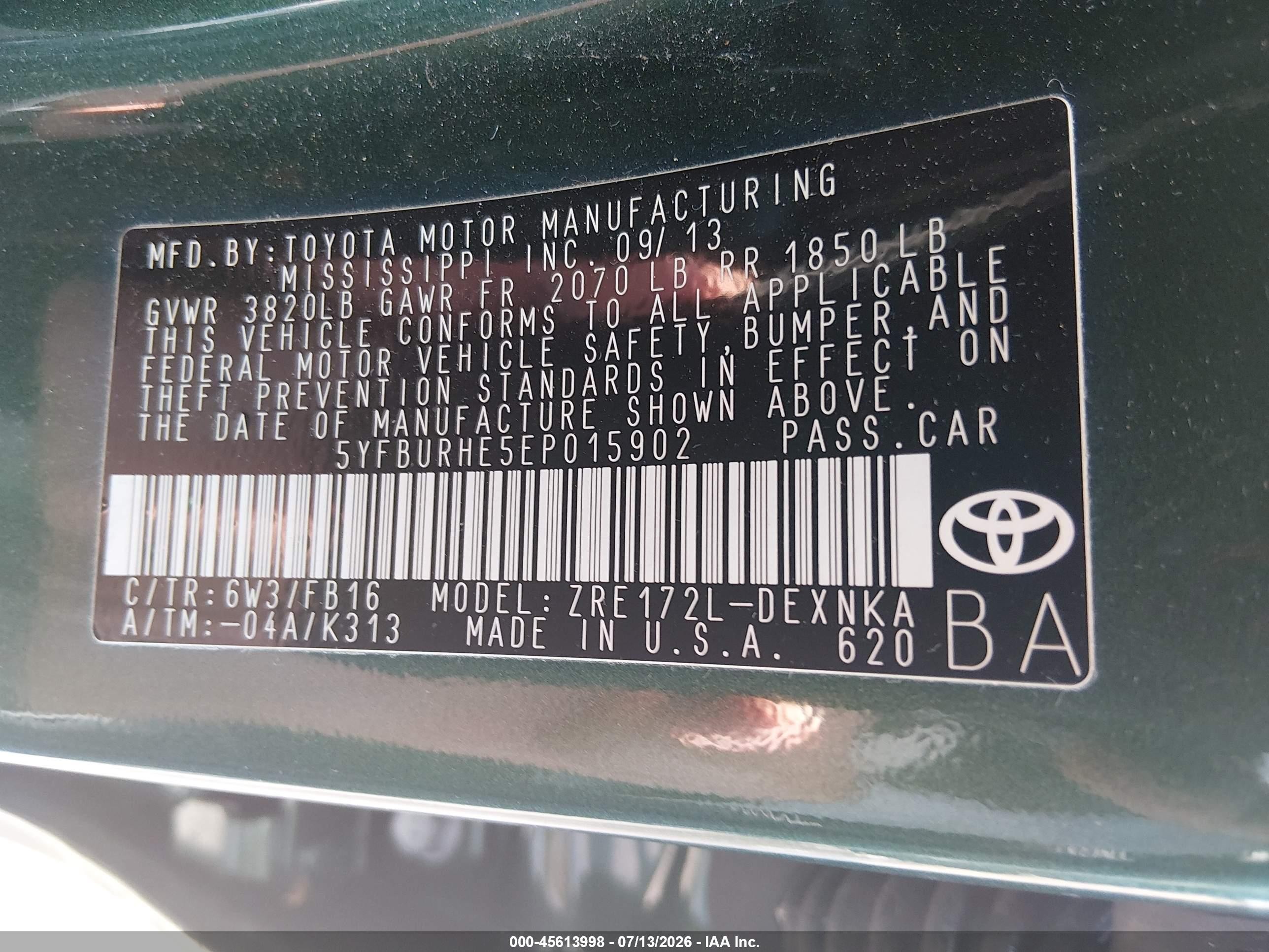 2014 Toyota Corolla Le Green vin: 5YFBURHE5EP015902