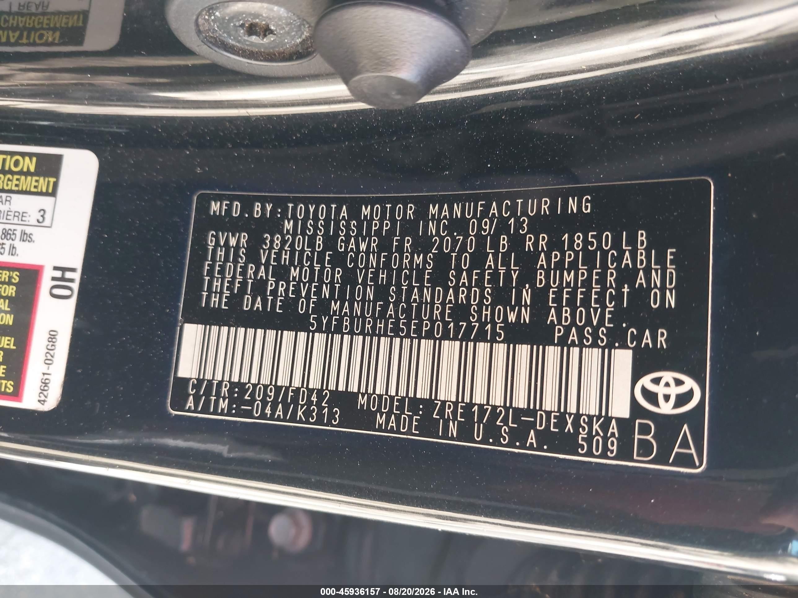 2014 Toyota Corolla S Plus Black vin: 5YFBURHE5EP017715