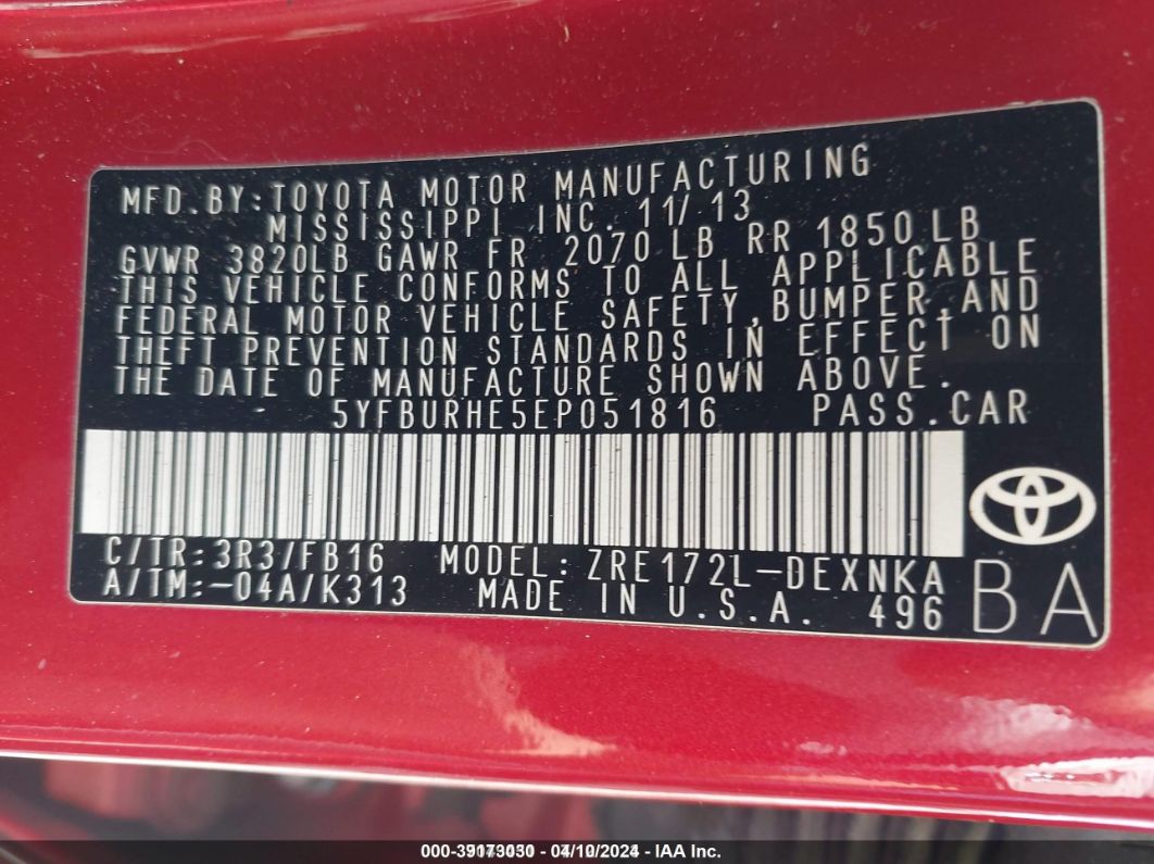 2014 Toyota Corolla Le Red vin: 5YFBURHE5EP051816