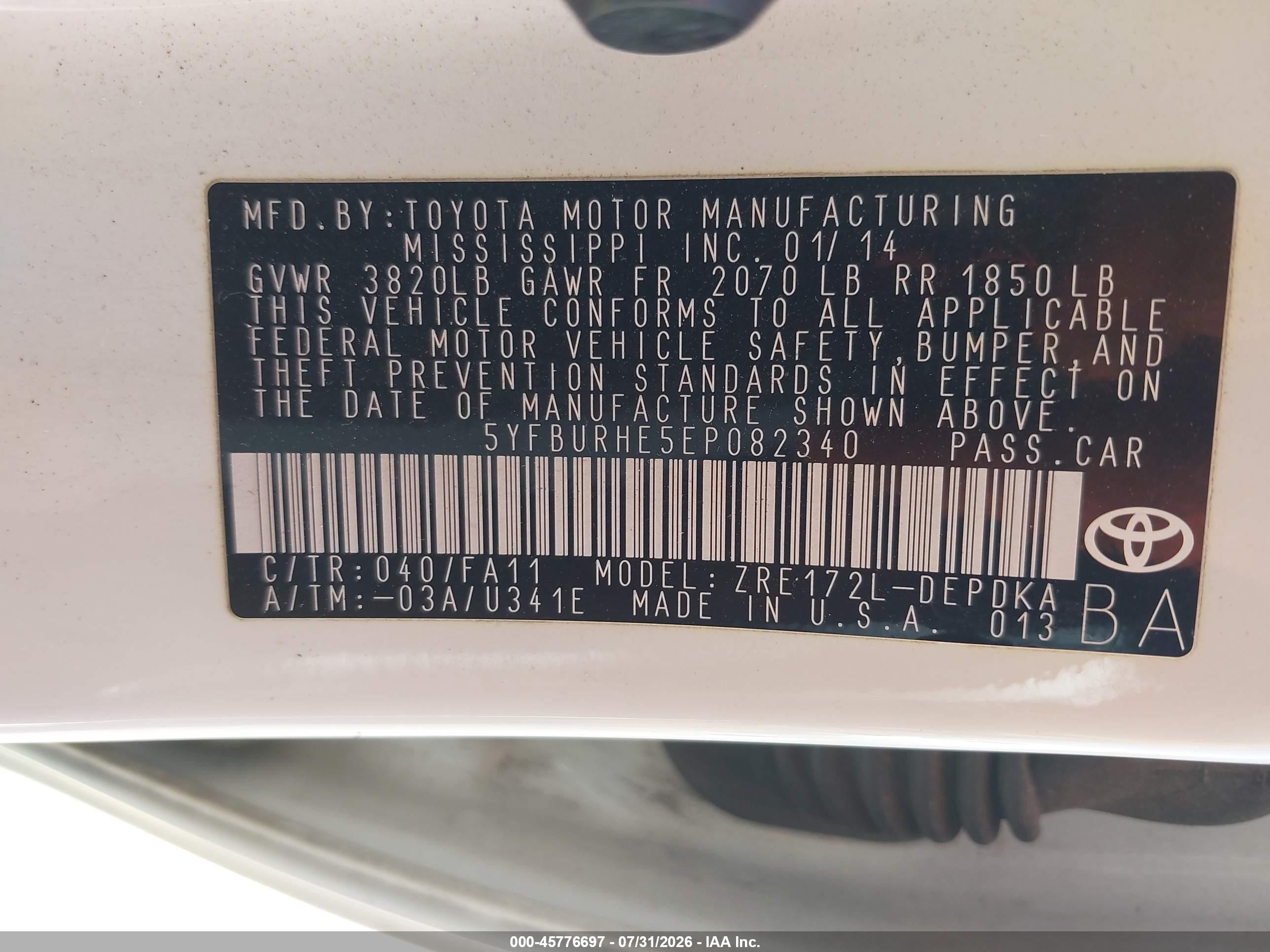 2014 Toyota Corolla L White vin: 5YFBURHE5EP082340