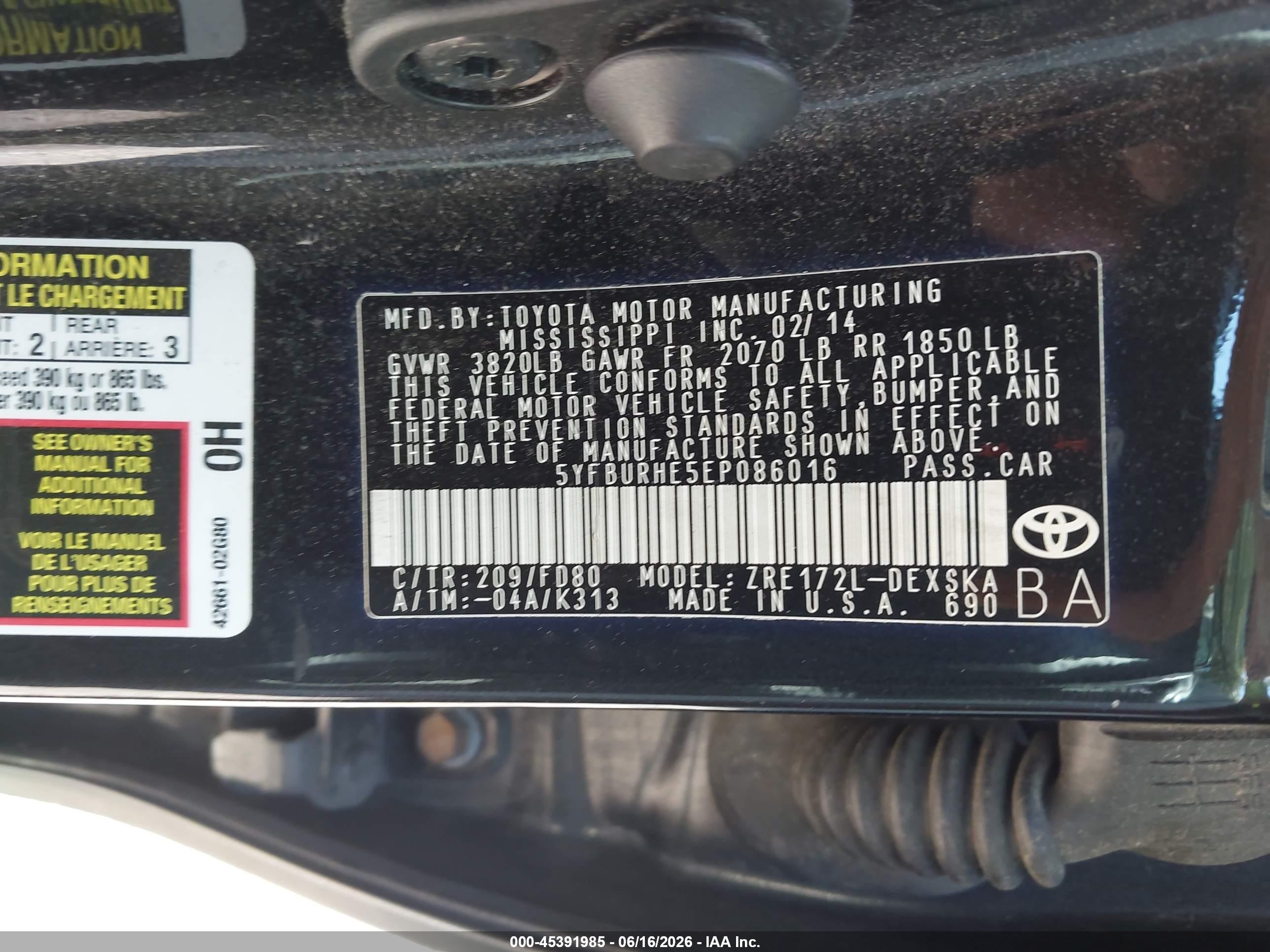 2014 Toyota Corolla S Plus Black vin: 5YFBURHE5EP086016