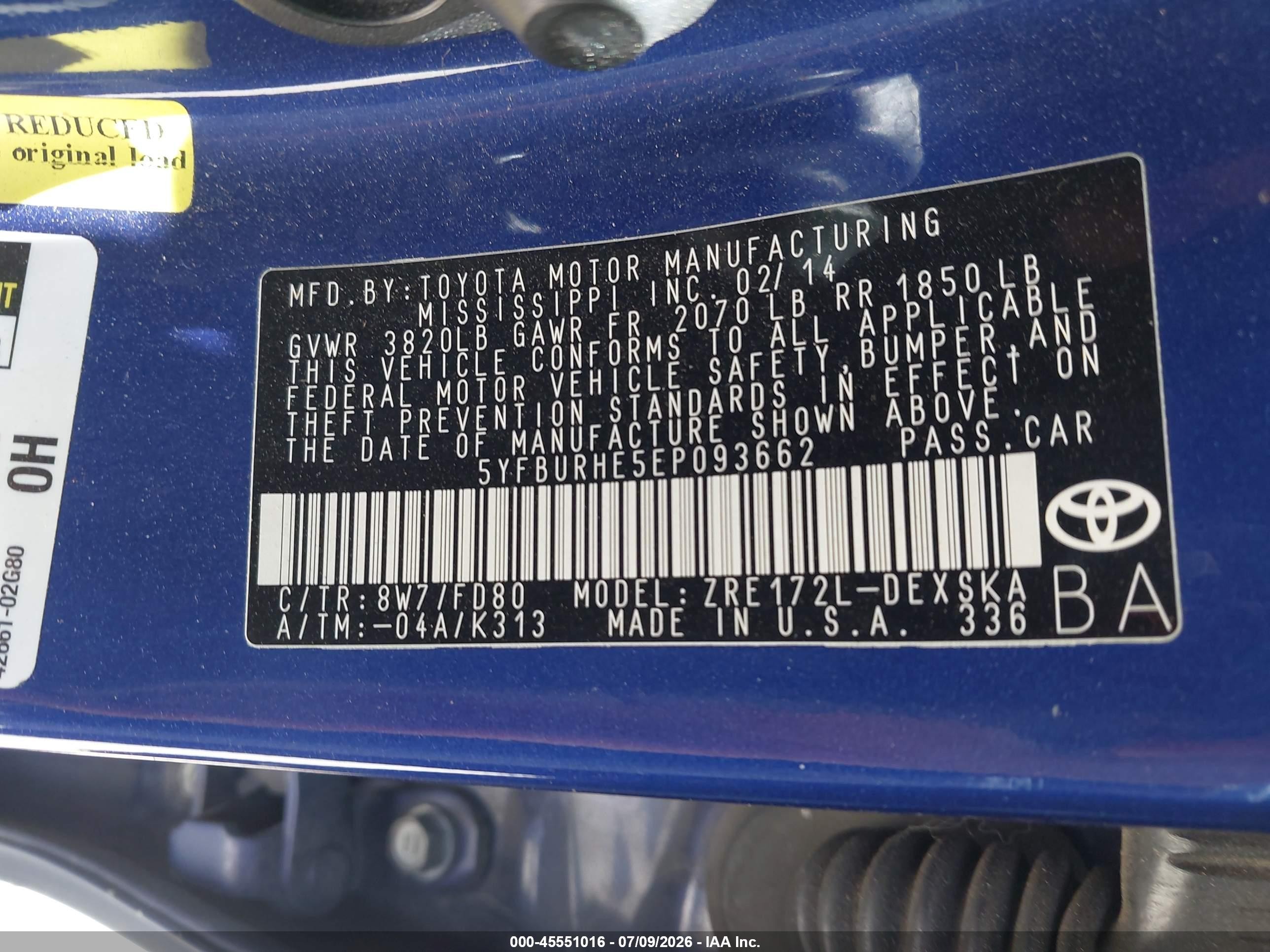 2014 Toyota Corolla S Plus Blue vin: 5YFBURHE5EP093662