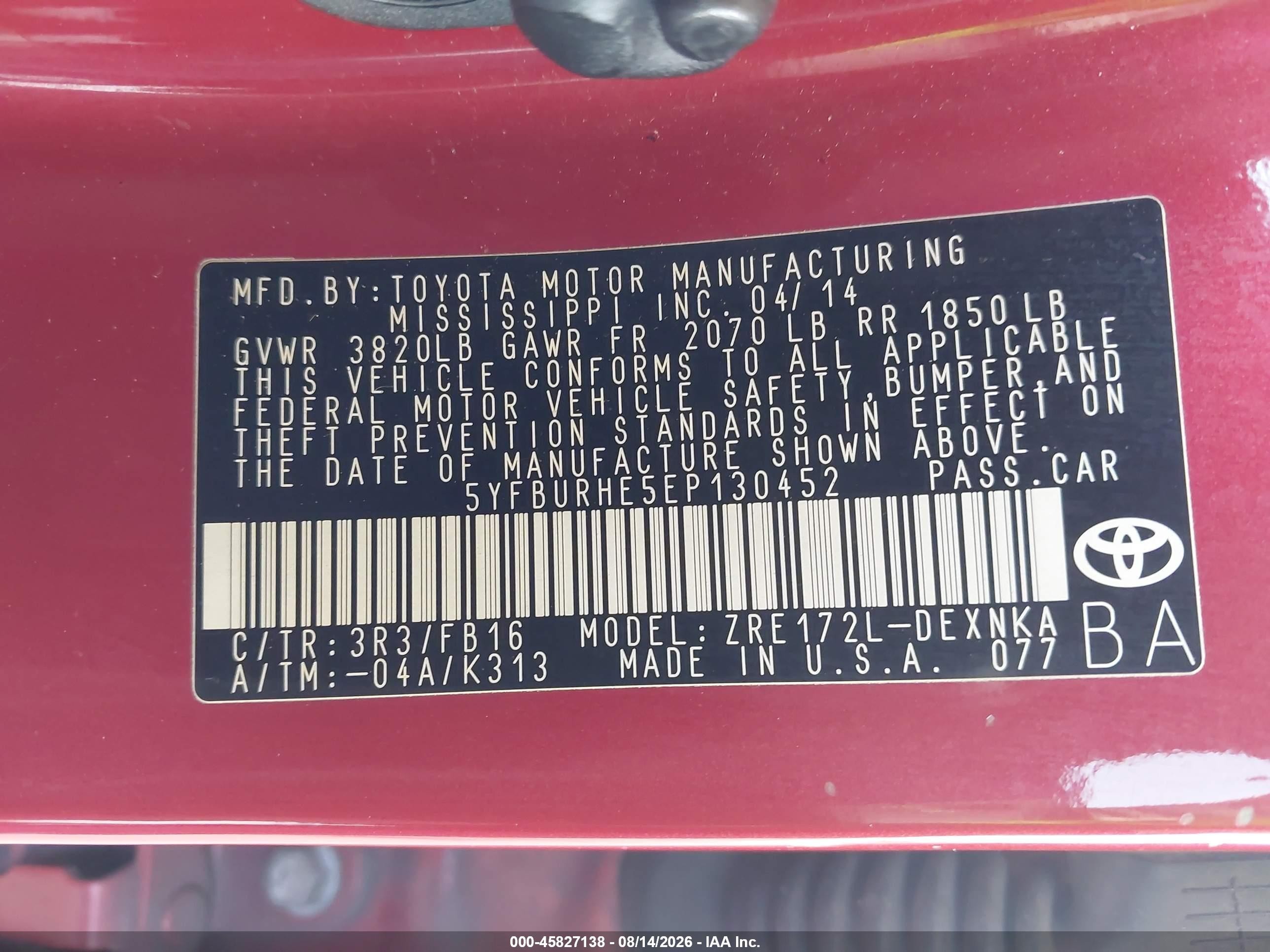 2014 Toyota Corolla Le Red vin: 5YFBURHE5EP130452