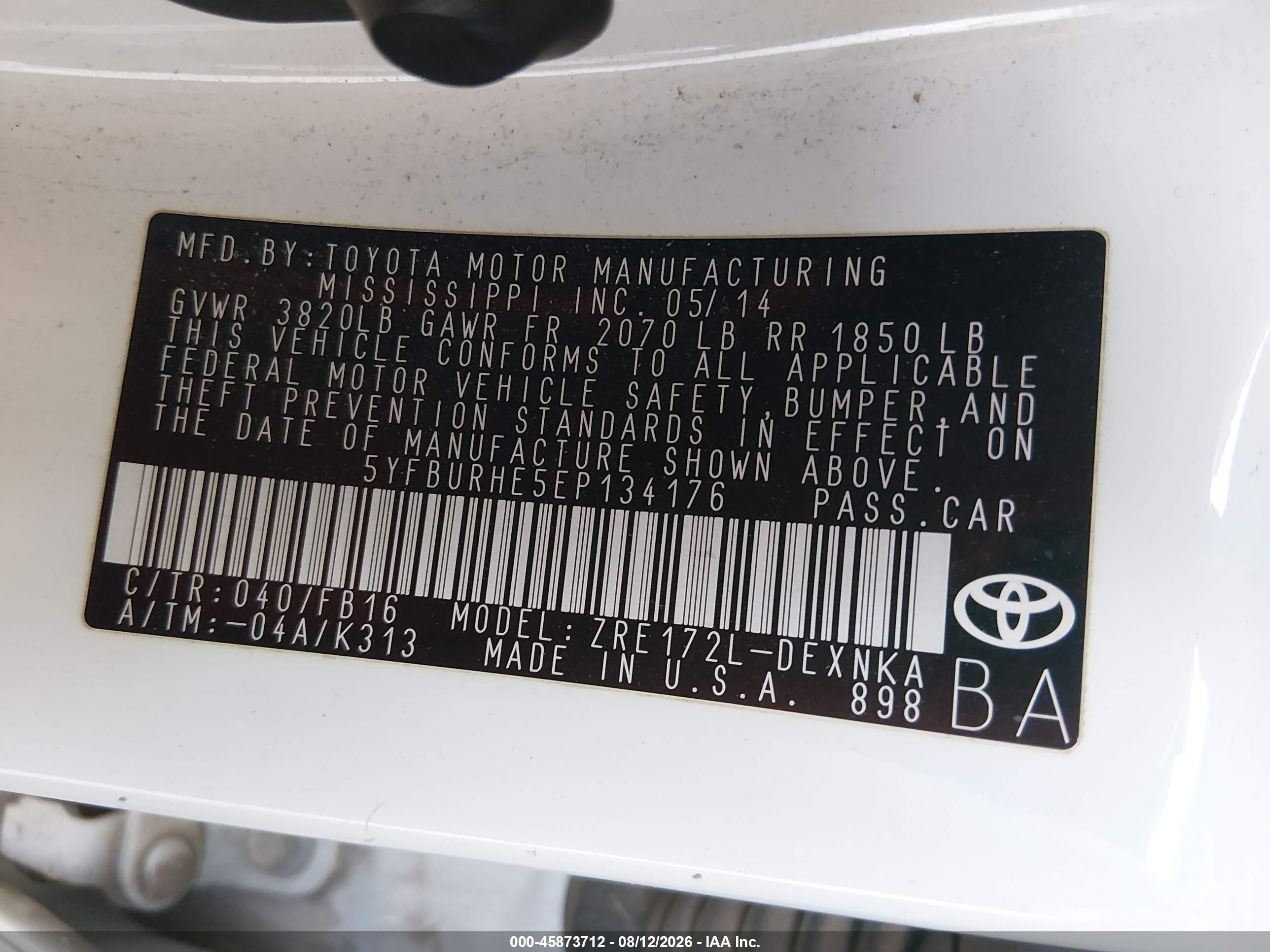 2014 Toyota Corolla Le White vin: 5YFBURHE5EP134176