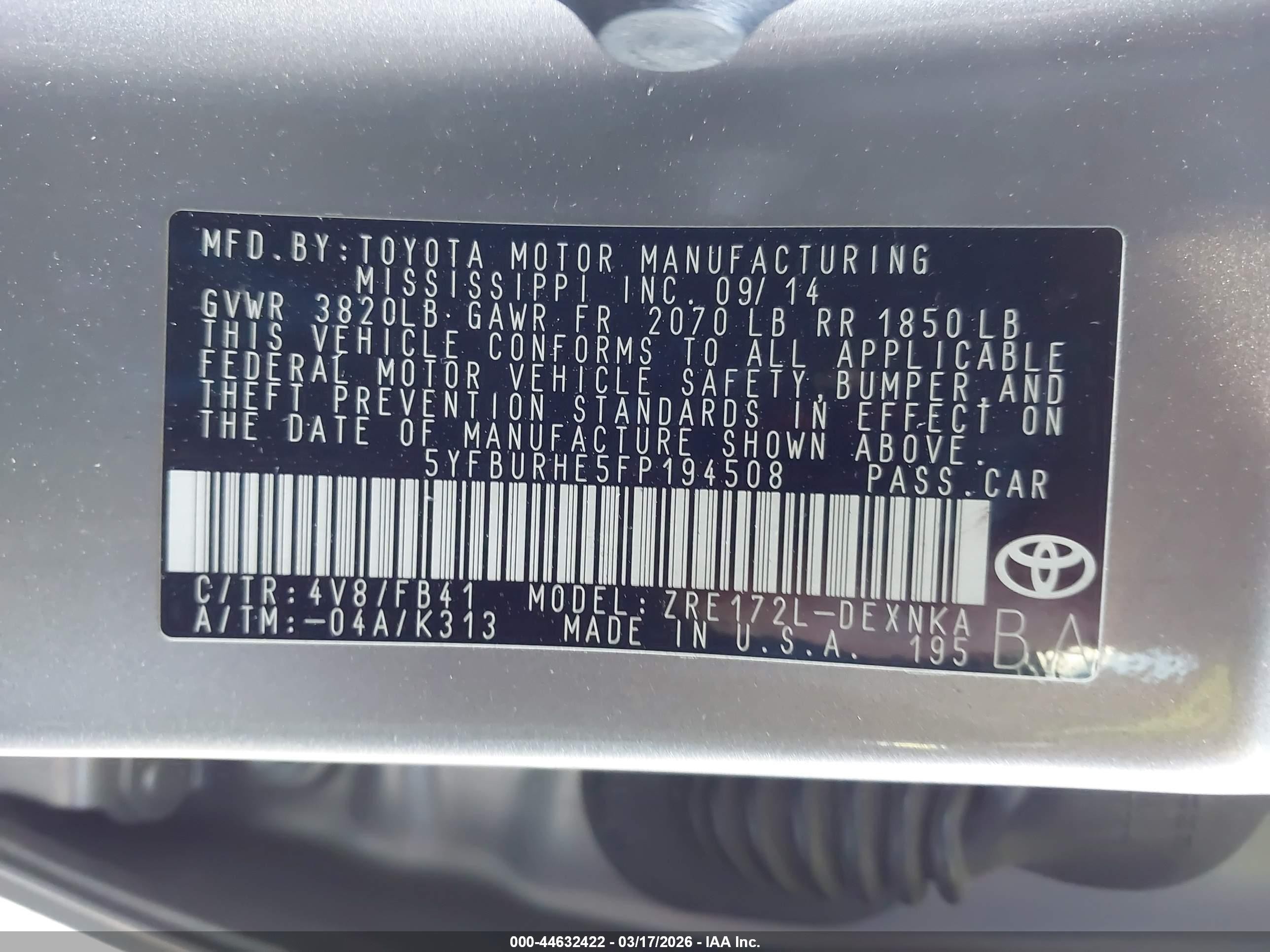 2015 Toyota Corolla Le Gray vin: 5YFBURHE5FP194508