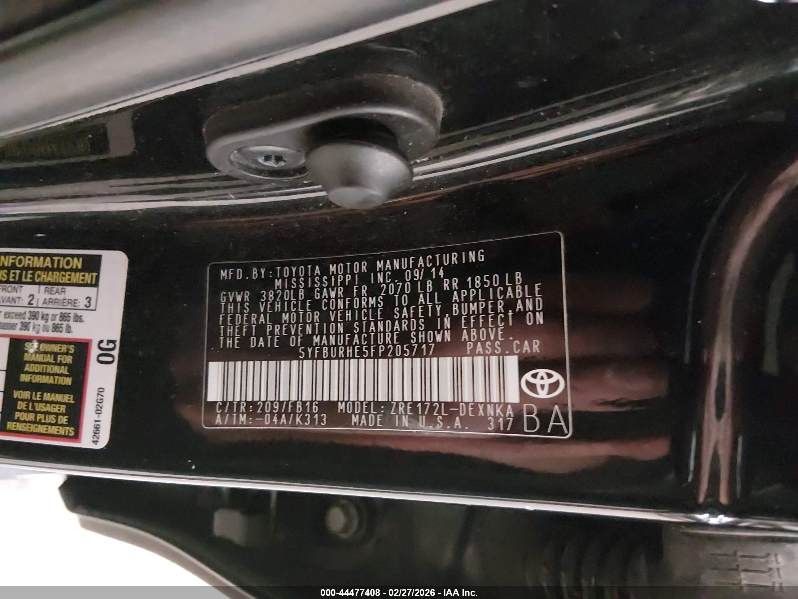 2015 Toyota Corolla Le Черный vin: 5YFBURHE5FP205717