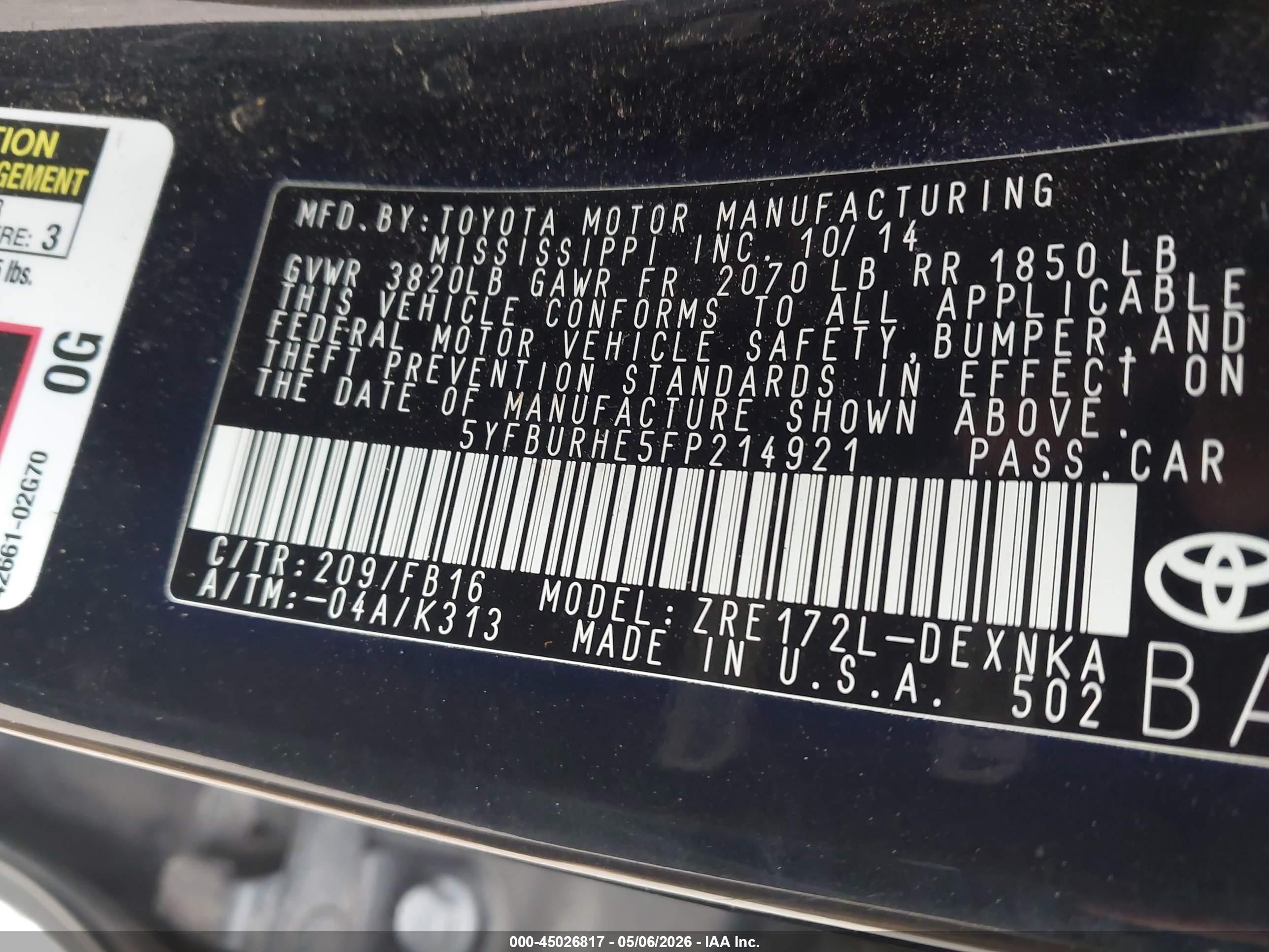 2015 Toyota Corolla Le Black vin: 5YFBURHE5FP214921
