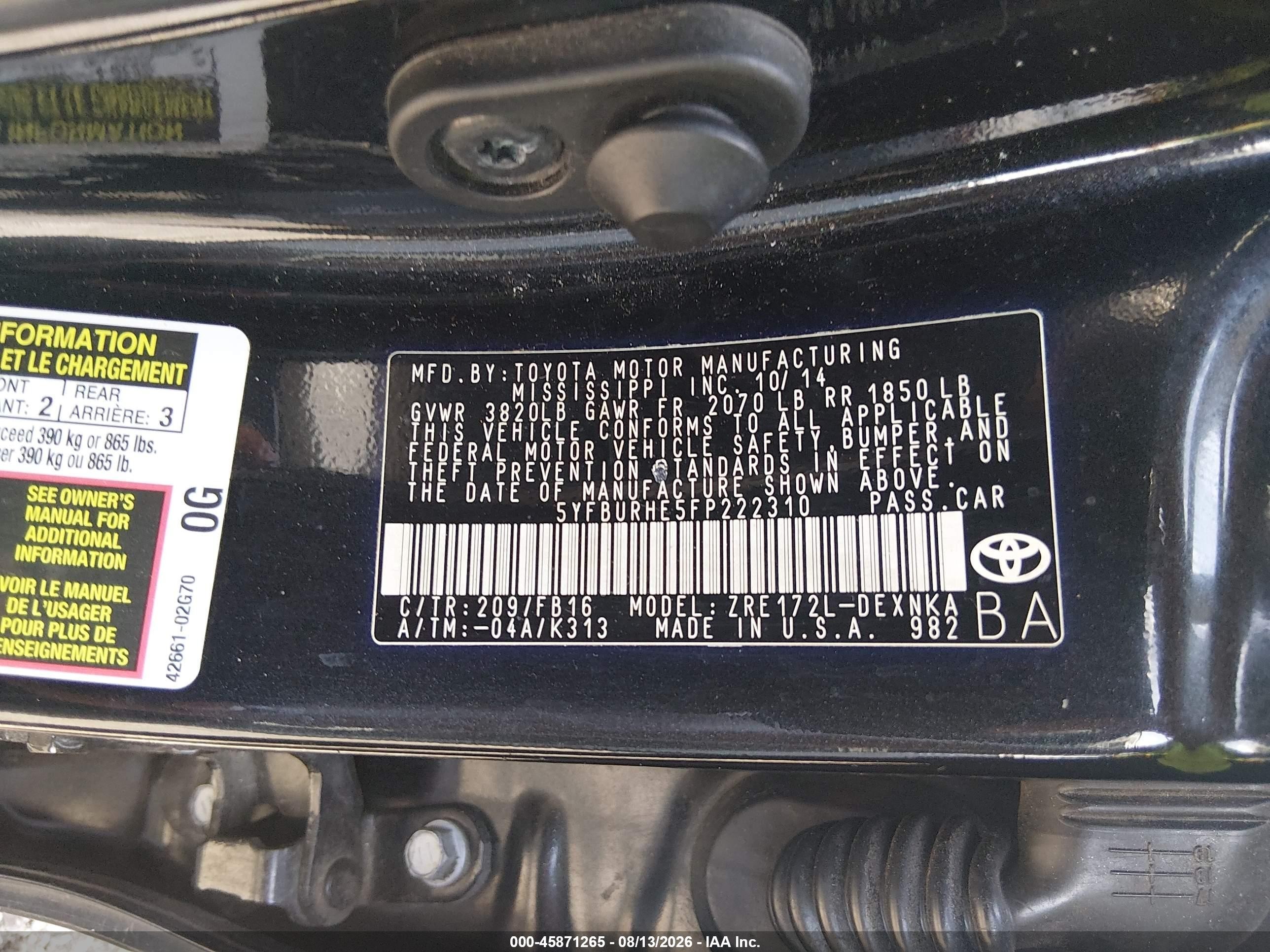 2015 Toyota Corolla Le Black vin: 5YFBURHE5FP222310