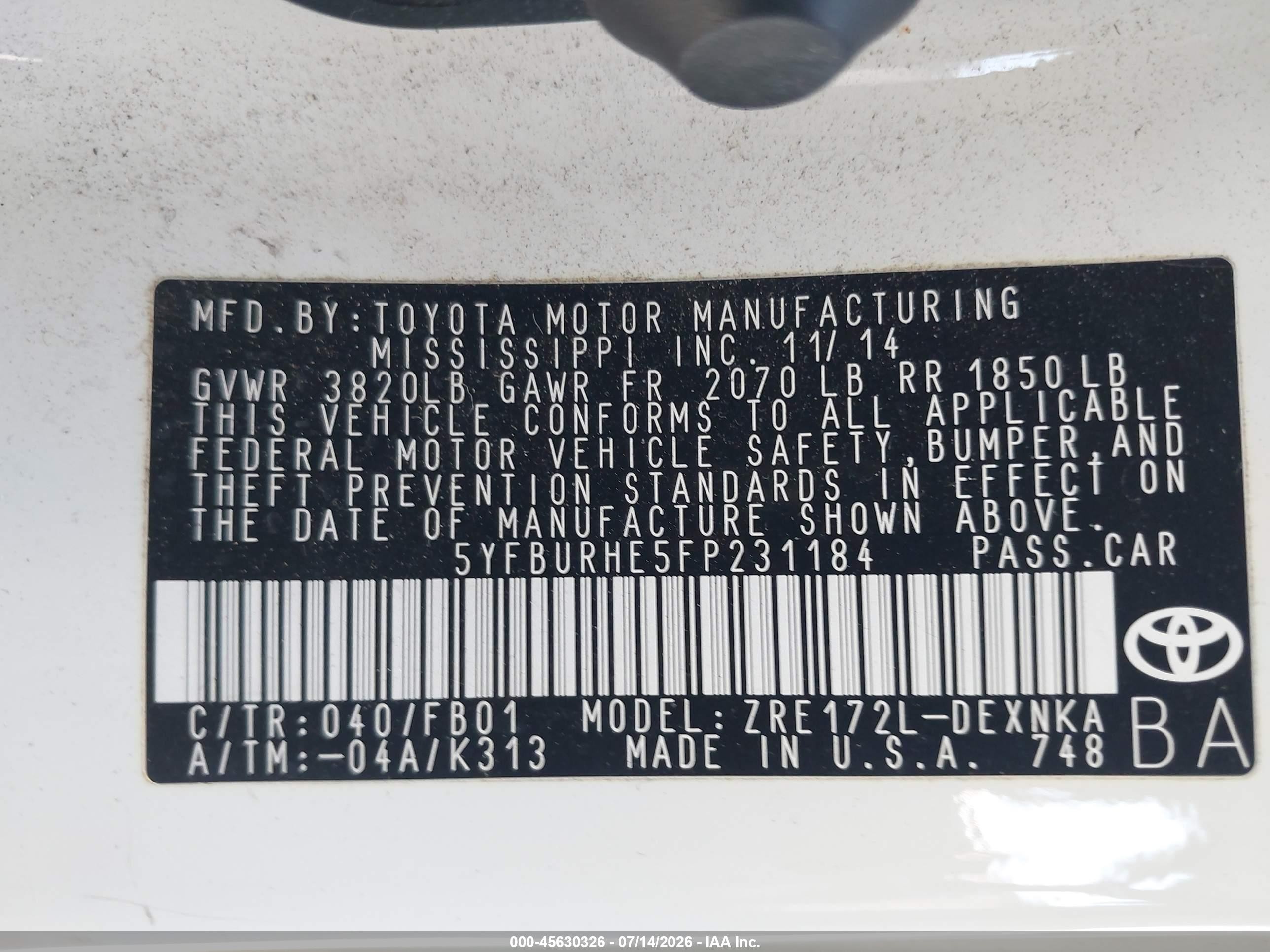 2015 Toyota Corolla Le Plus White vin: 5YFBURHE5FP231184