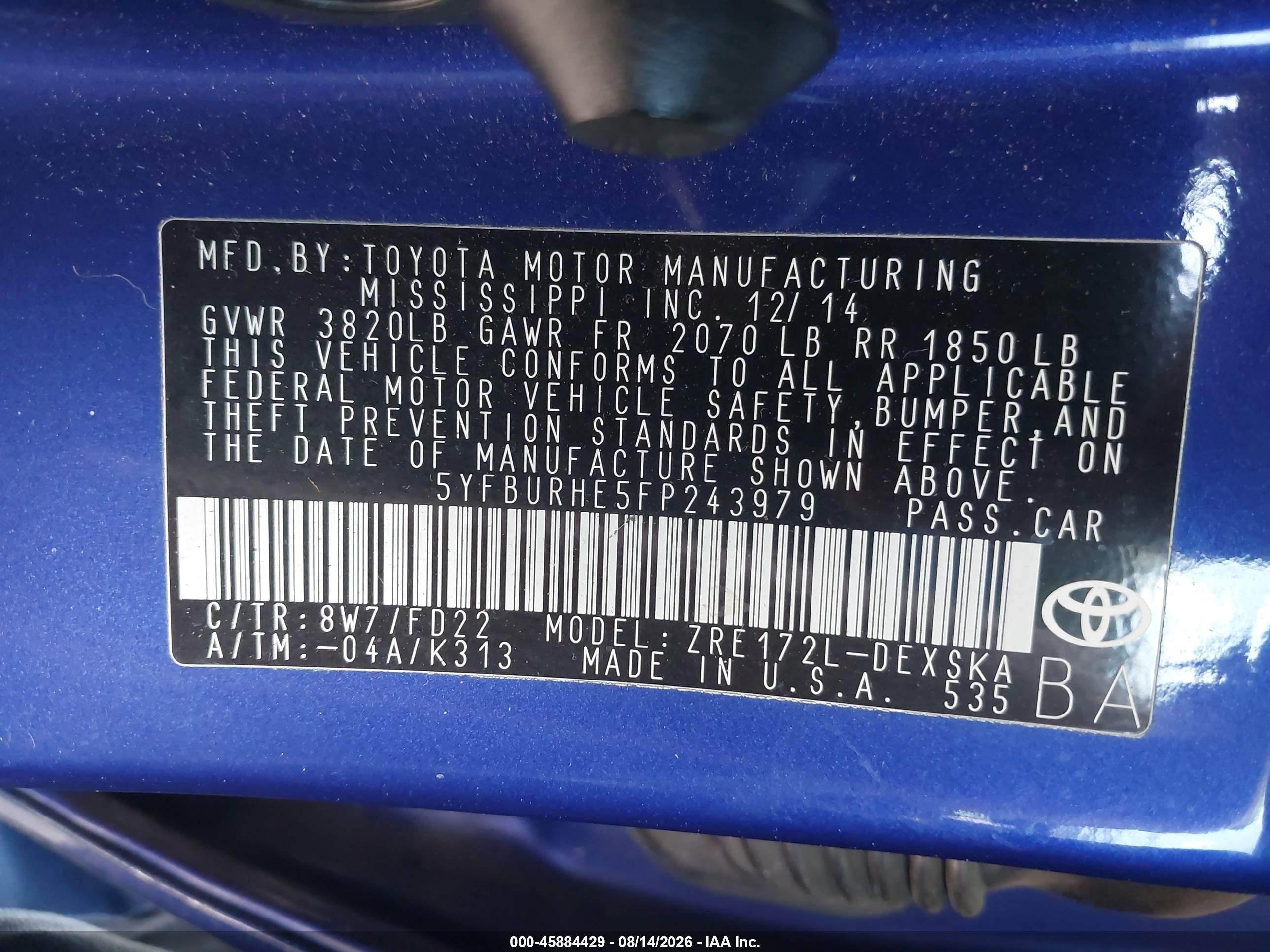 2015 Toyota Corolla S Plus Blue vin: 5YFBURHE5FP243979