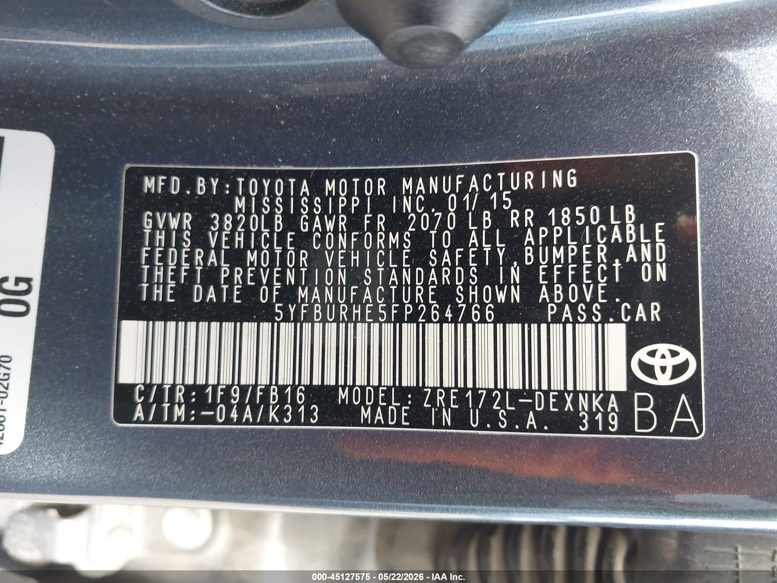 2015 Toyota Corolla Le Plus Gray vin: 5YFBURHE5FP264766