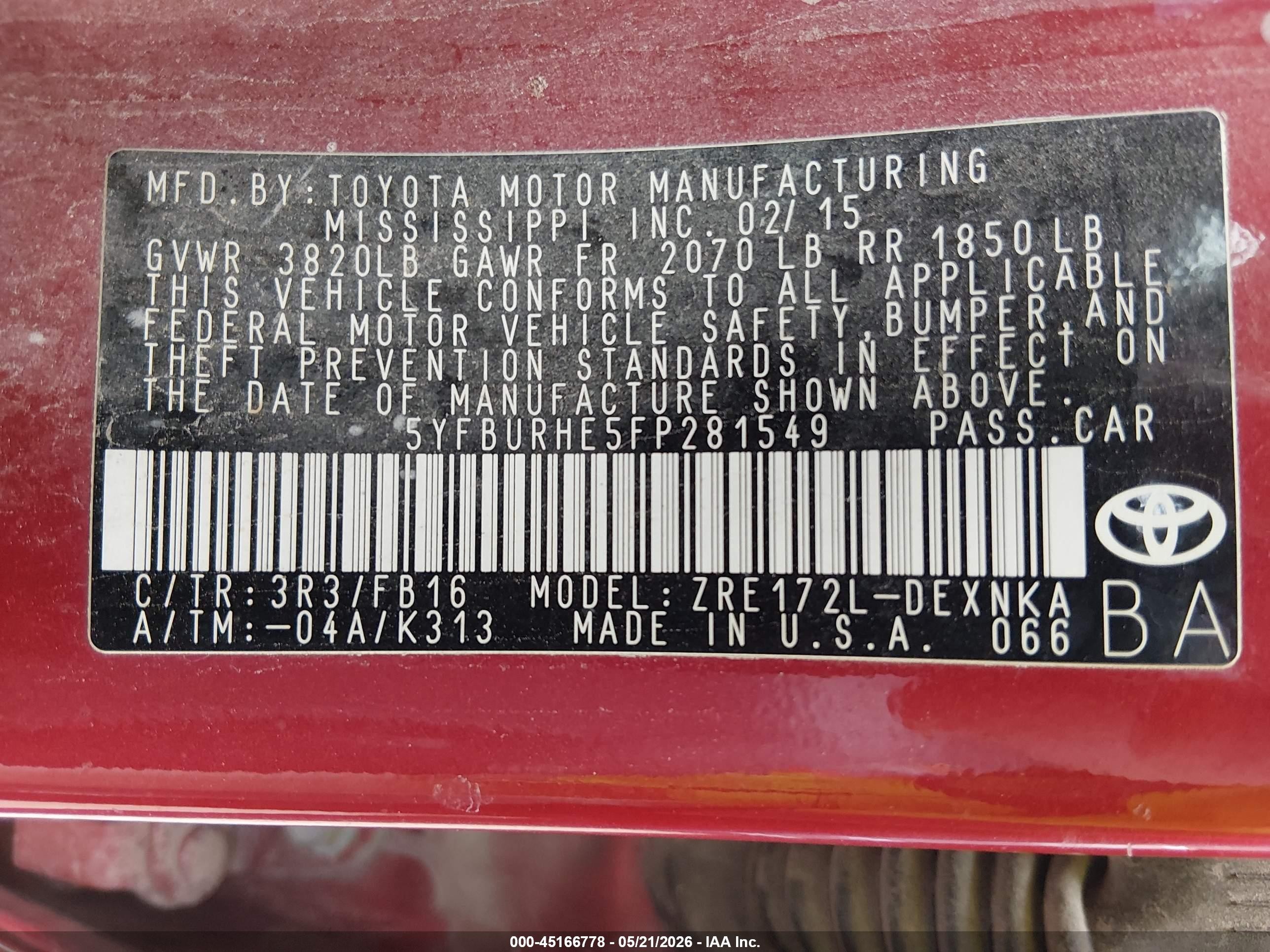 2015 Toyota Corolla Le Red vin: 5YFBURHE5FP281549