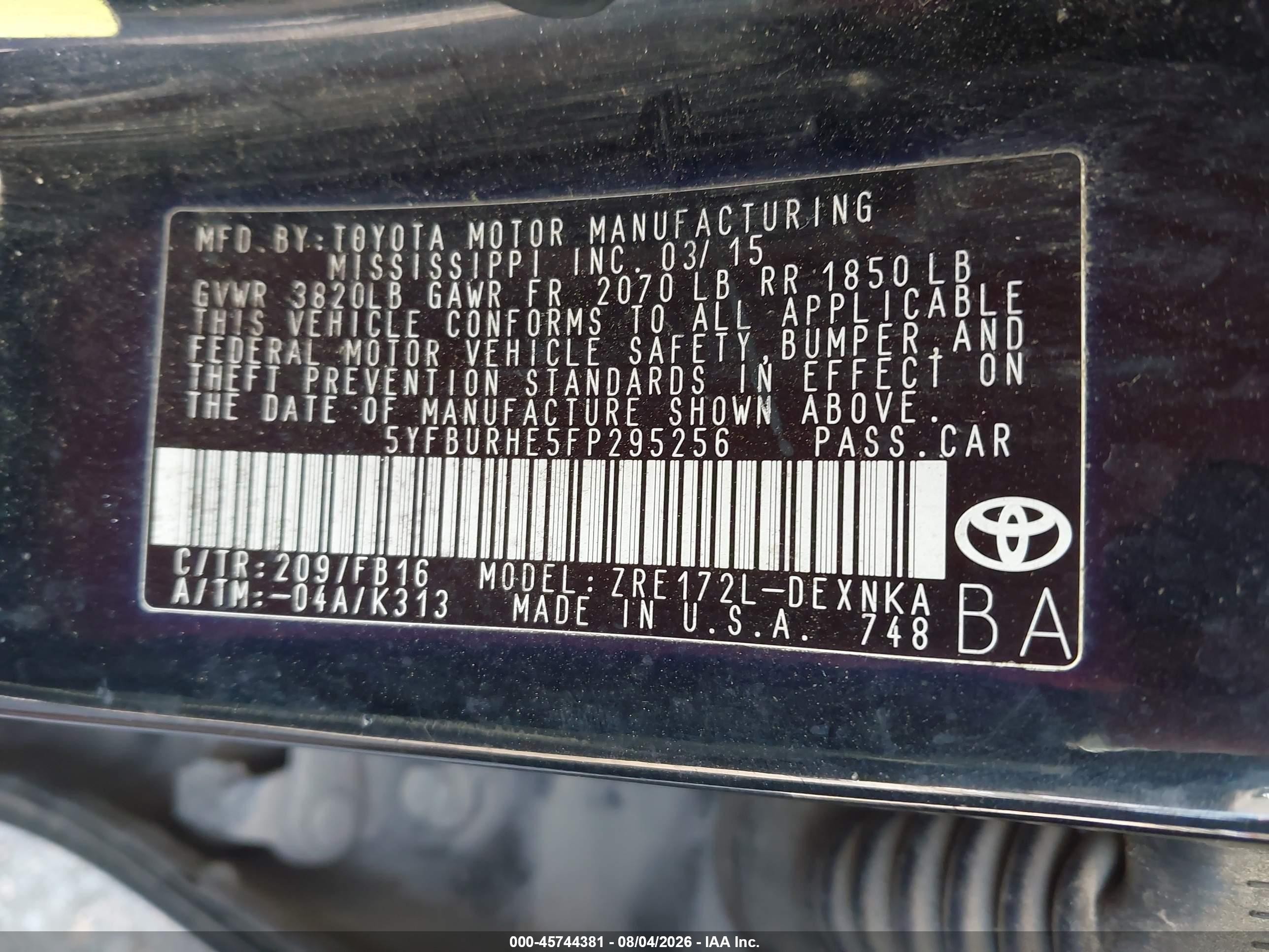 2015 Toyota Corolla Le Black vin: 5YFBURHE5FP295256