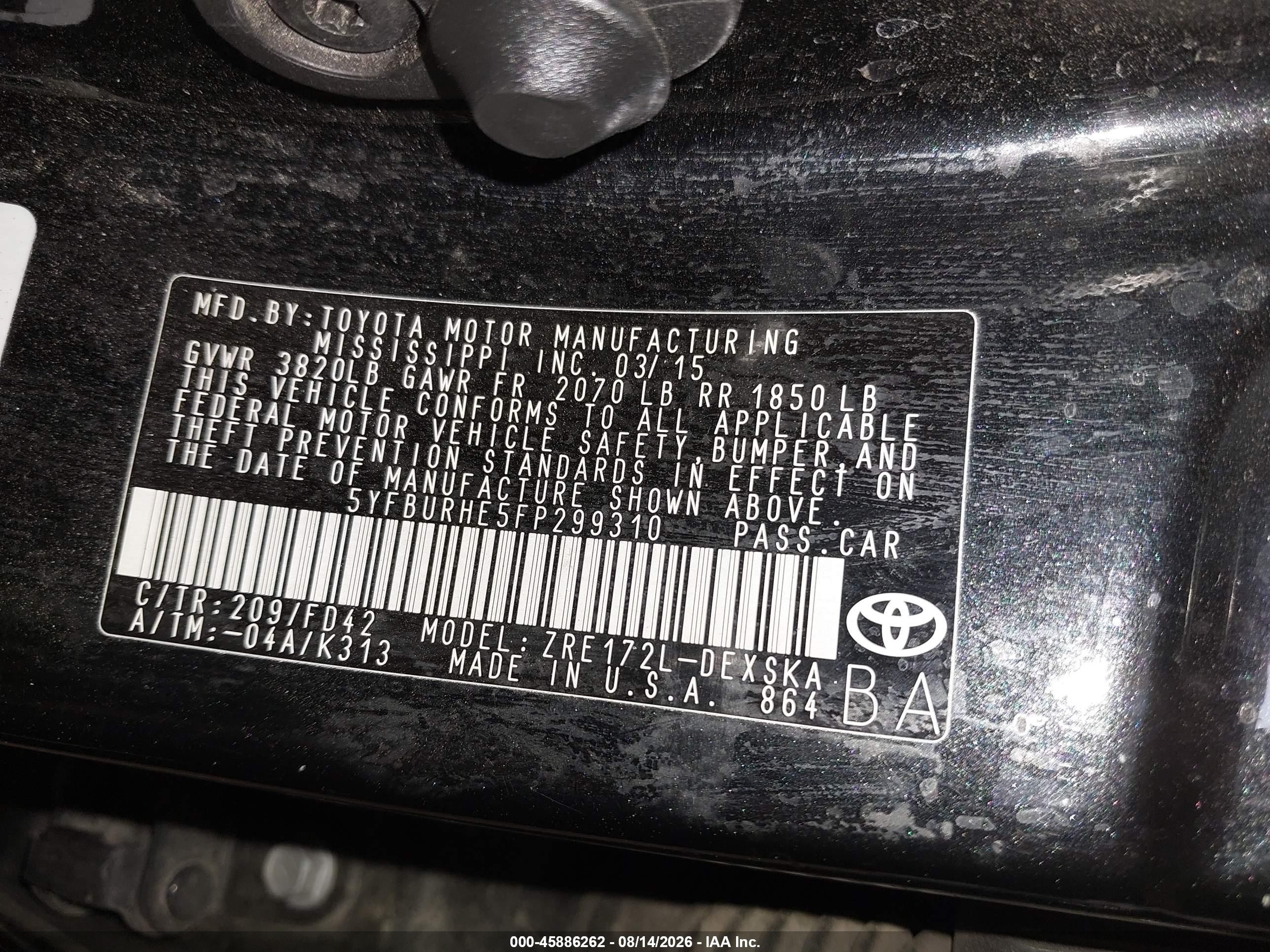 2015 Toyota Corolla S Plus Black vin: 5YFBURHE5FP299310