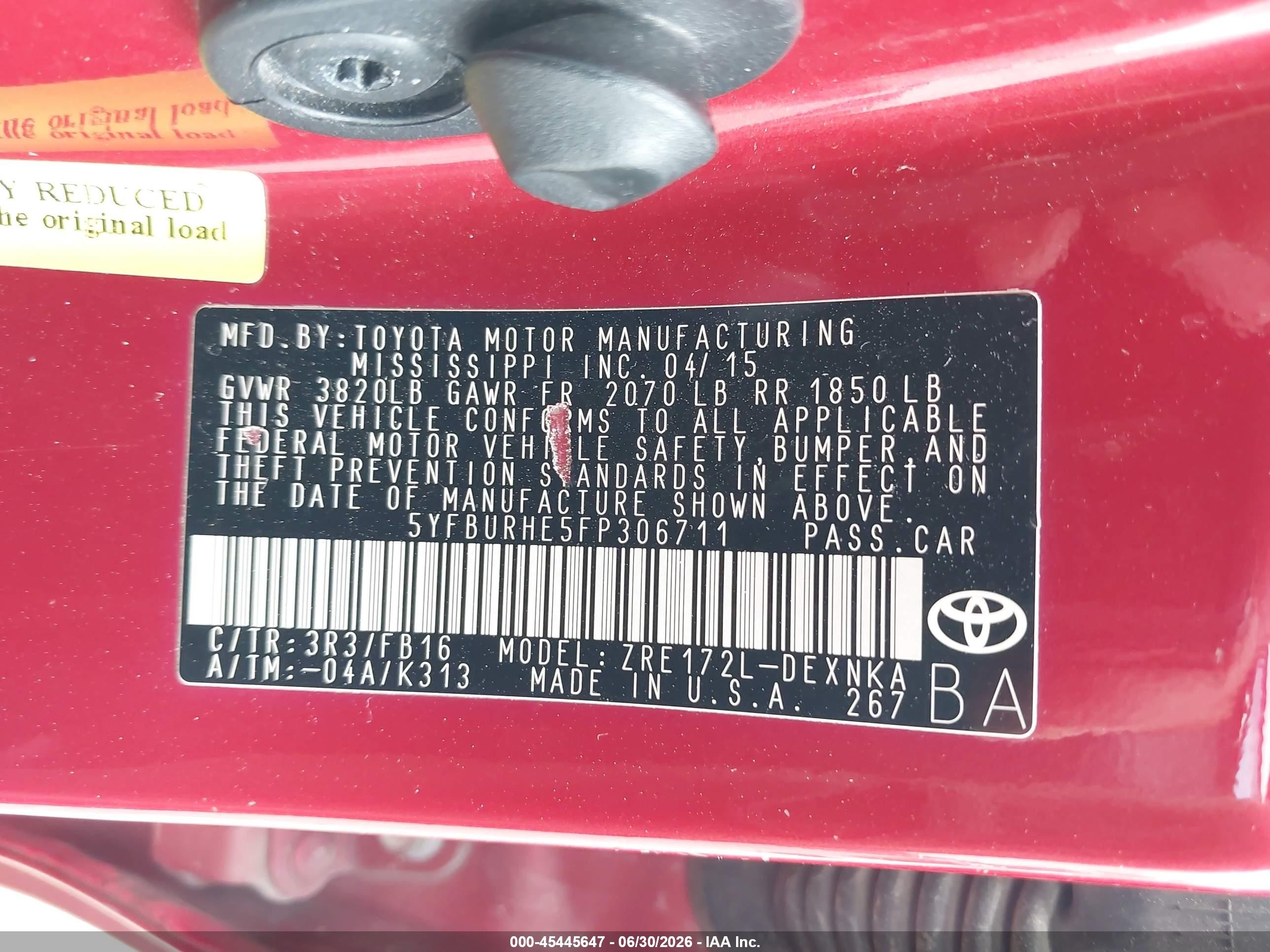 2015 Toyota Corolla Le Red vin: 5YFBURHE5FP306711