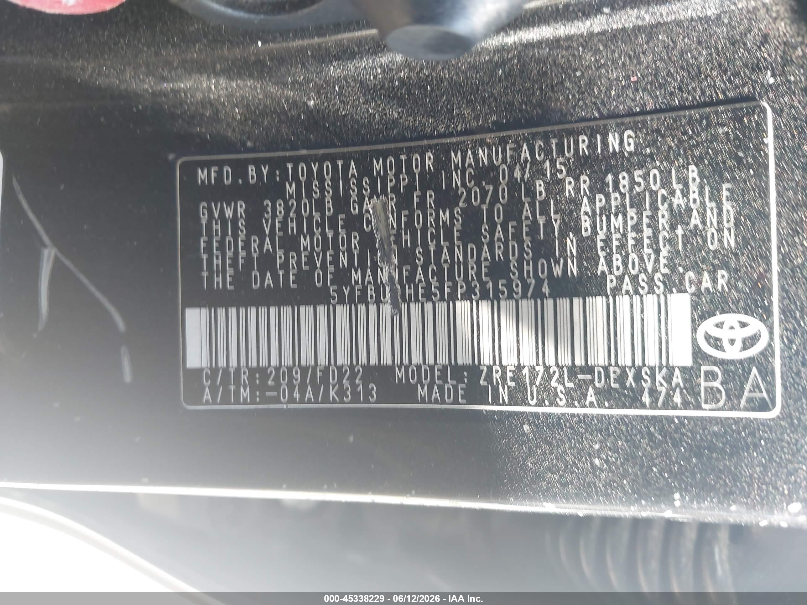 2015 Toyota Corolla S Plus Черный vin: 5YFBURHE5FP315974