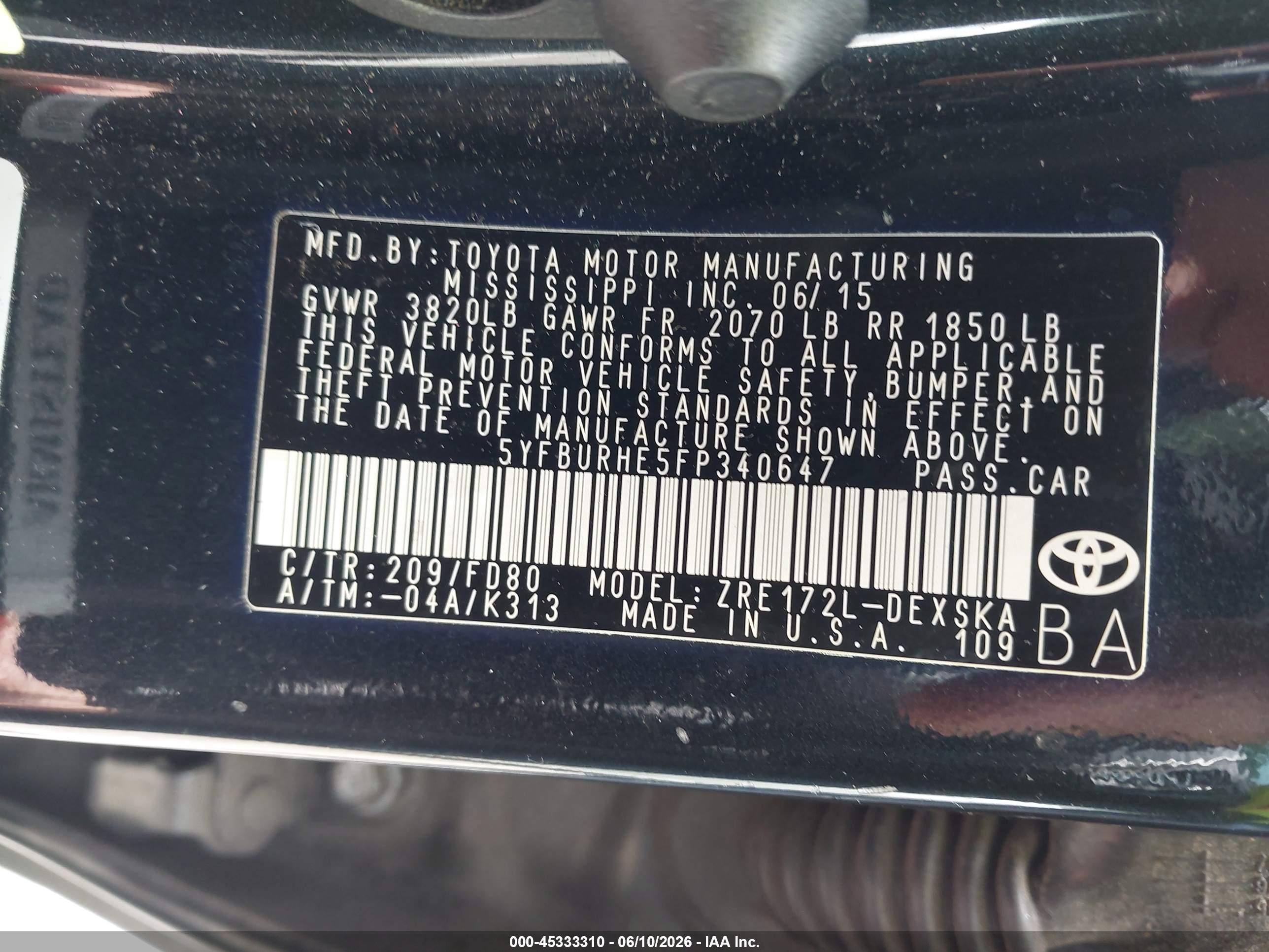 2015 Toyota Corolla S Plus Black vin: 5YFBURHE5FP340647