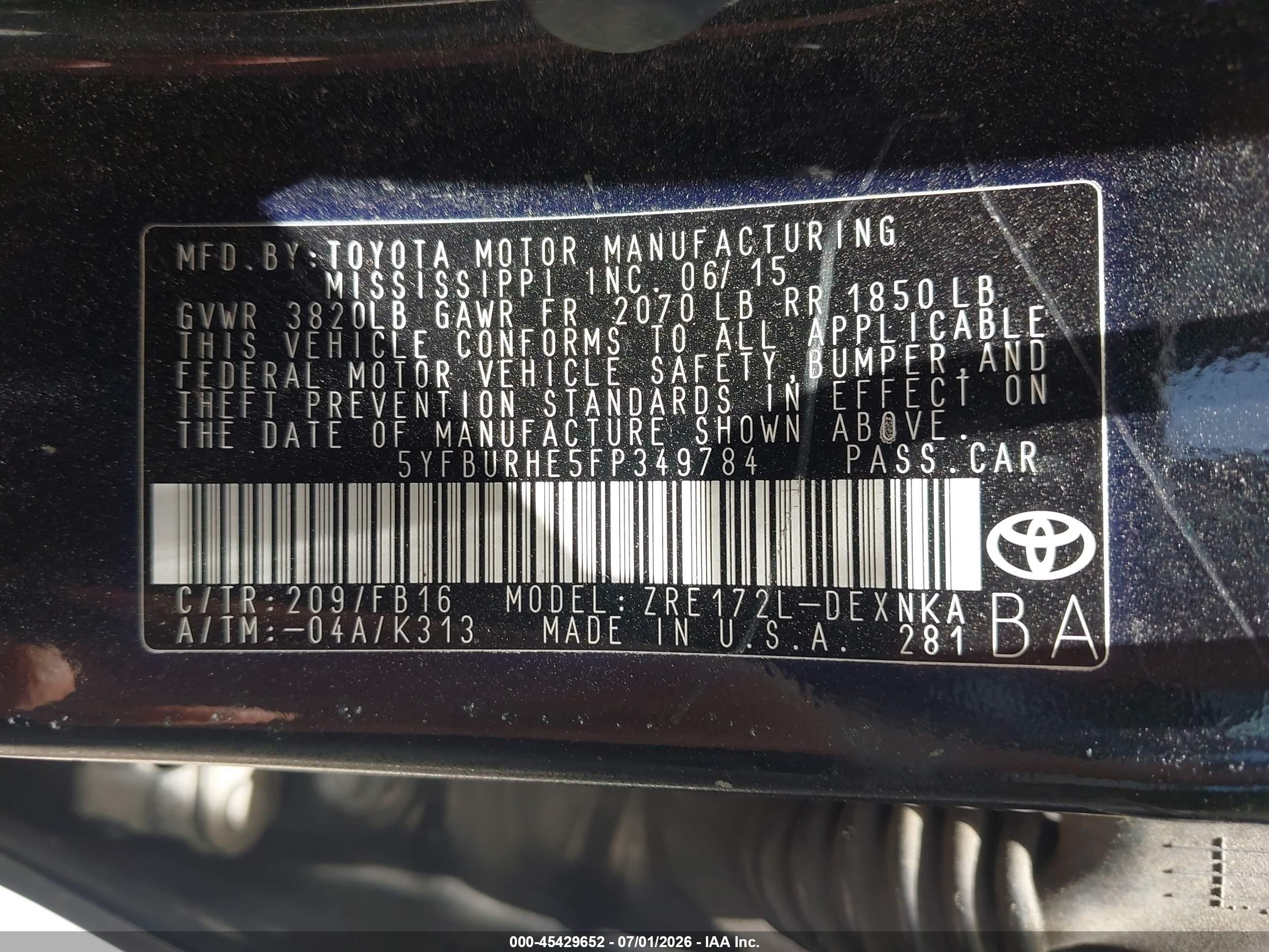 2015 Toyota Corolla Le Black vin: 5YFBURHE5FP349784