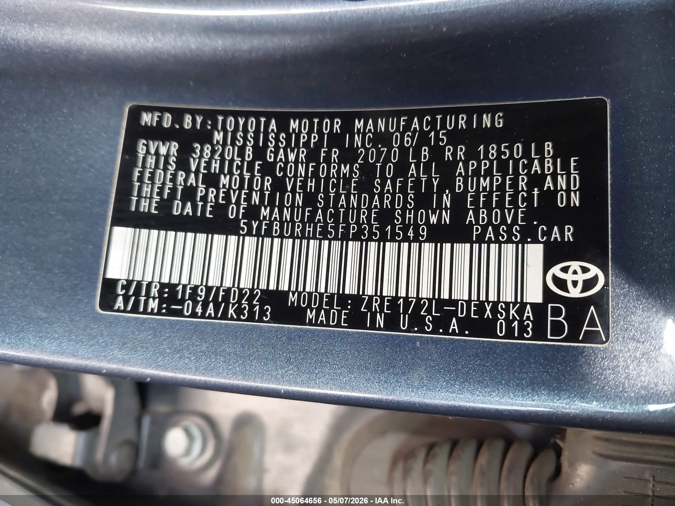 2015 Toyota Corolla S Plus Light Blue vin: 5YFBURHE5FP351549
