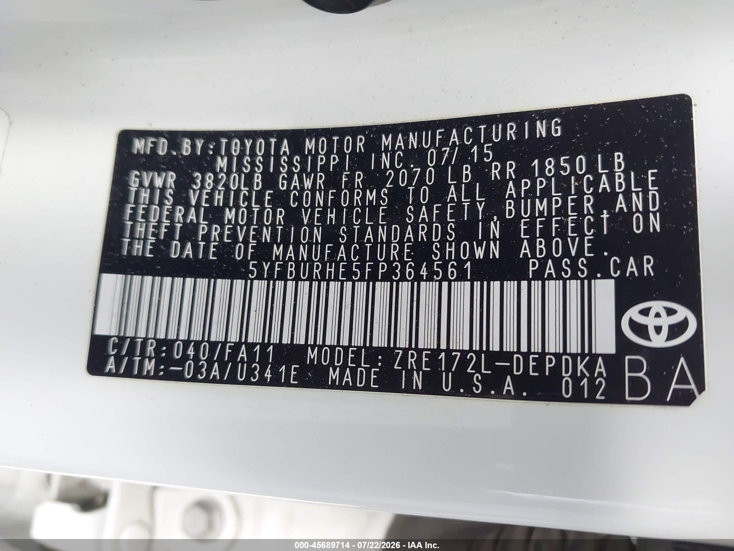 2015 Toyota Corolla L Белый vin: 5YFBURHE5FP364561