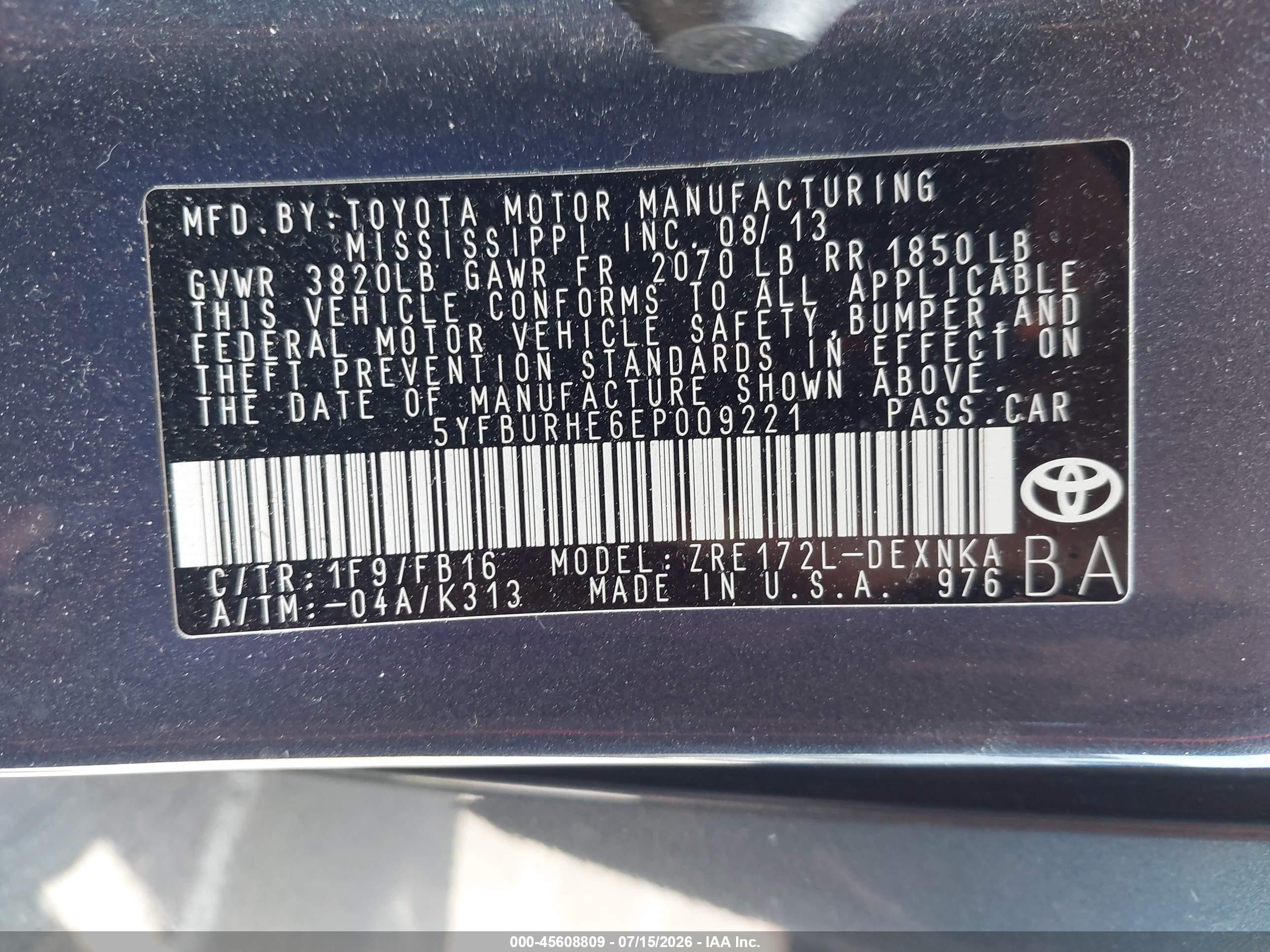 2014 Toyota Corolla Le/le Plus/le Premium Blue vin: 5YFBURHE6EP009221