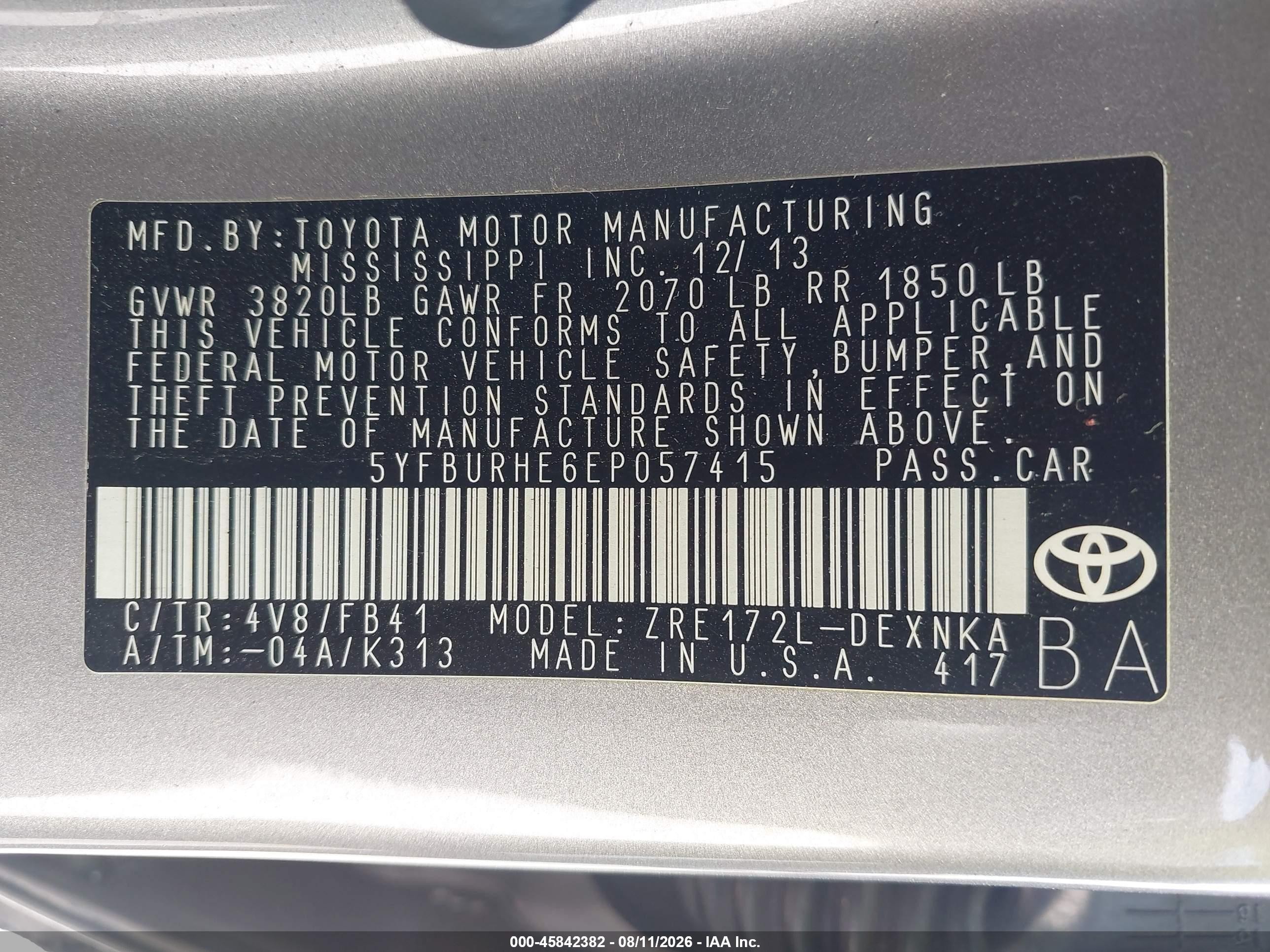 2014 Toyota Corolla Le Plus Silver vin: 5YFBURHE6EP057415