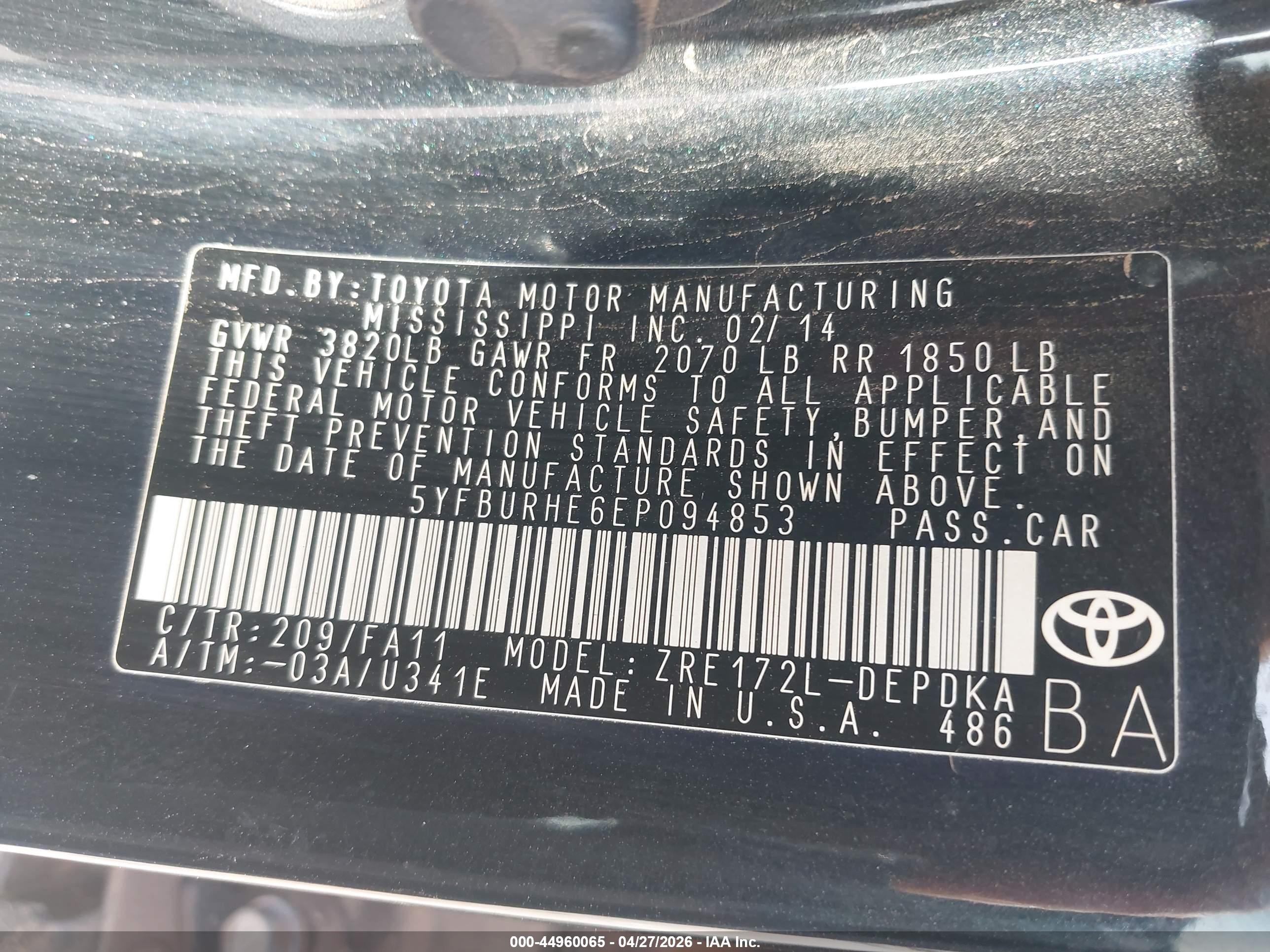 2014 Toyota Corolla L Black vin: 5YFBURHE6EP094853