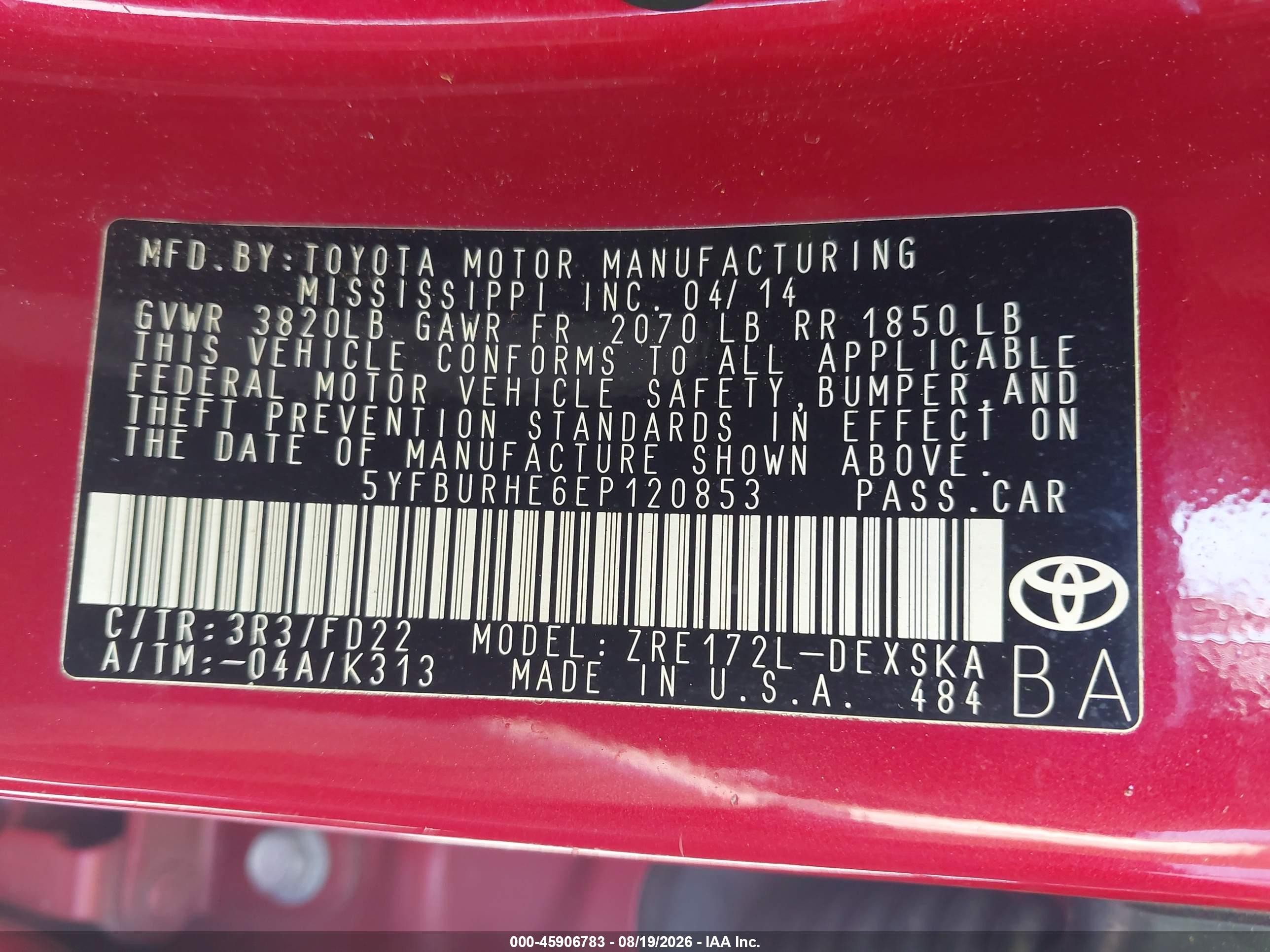 2014 Toyota Corolla S Plus Red vin: 5YFBURHE6EP120853