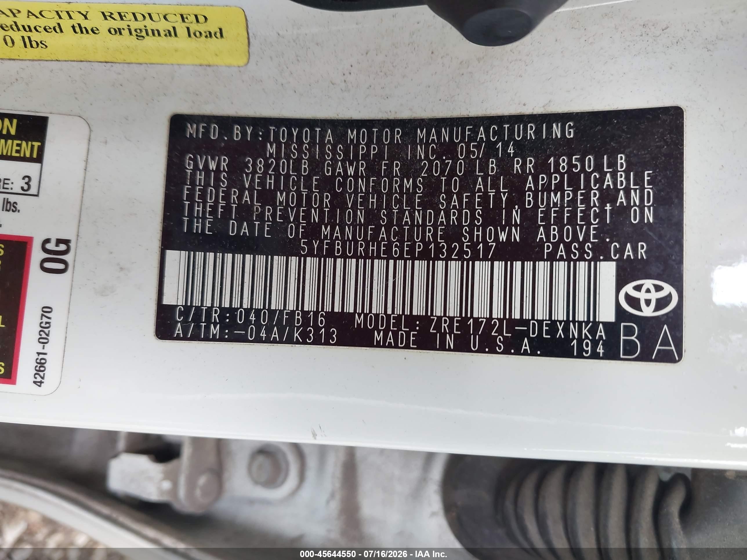2014 Toyota Corolla Le White vin: 5YFBURHE6EP132517