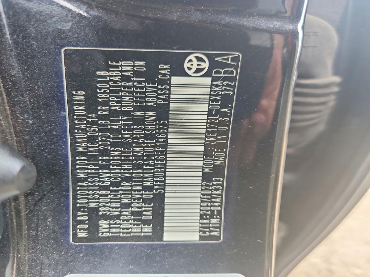 2014 Toyota Corolla S Plus Black vin: 5YFBURHE6EP146675