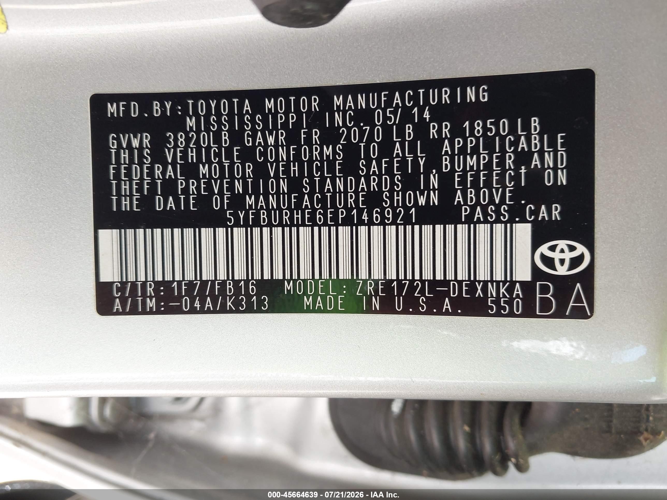 2014 Toyota Corolla Le Серебряный vin: 5YFBURHE6EP146921