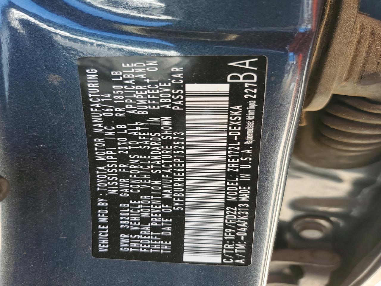 2014 Toyota Corolla S Plus Blue vin: 5YFBURHE6EP152573