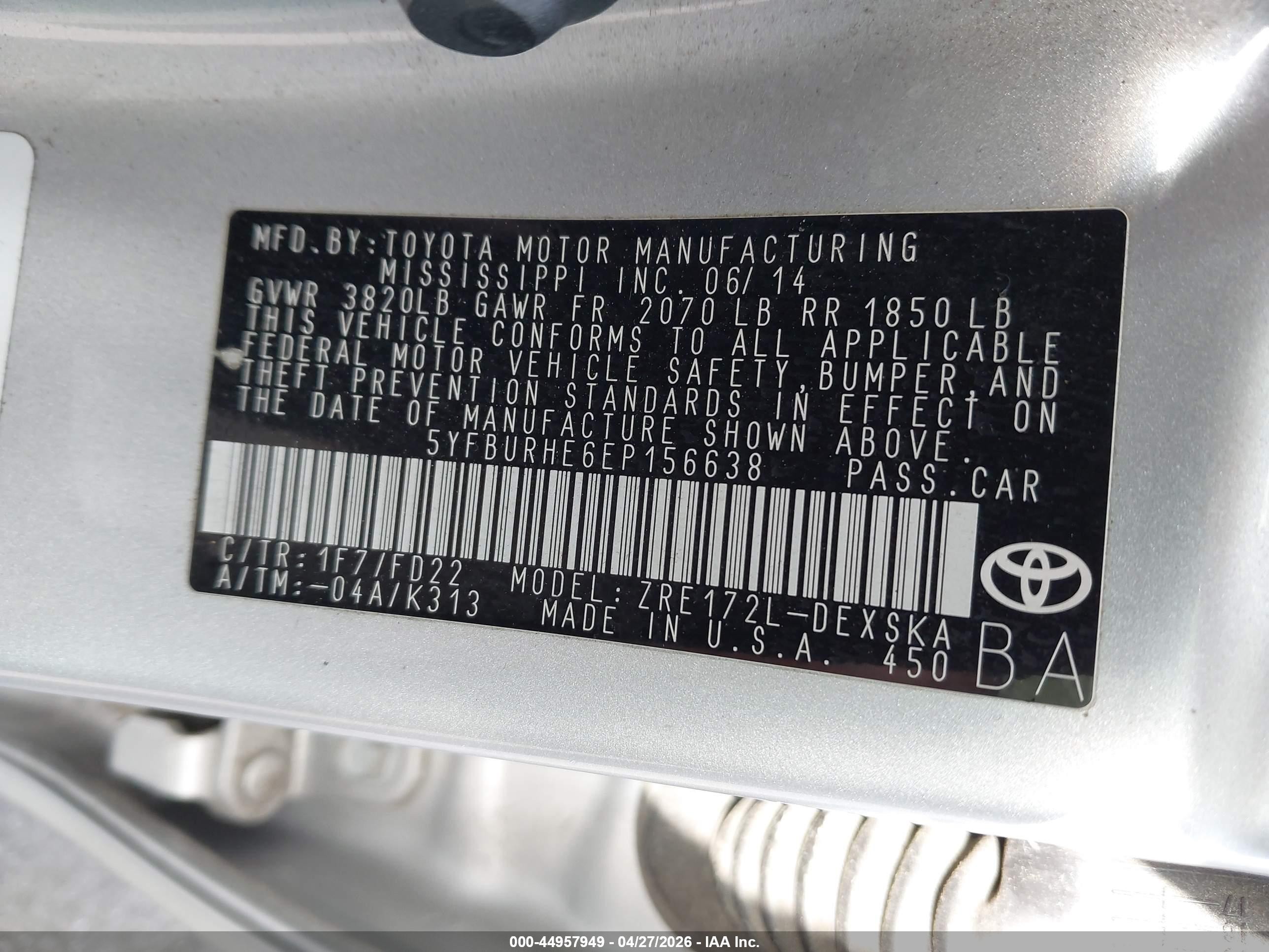 2014 Toyota Corolla S Plus Silver vin: 5YFBURHE6EP156638