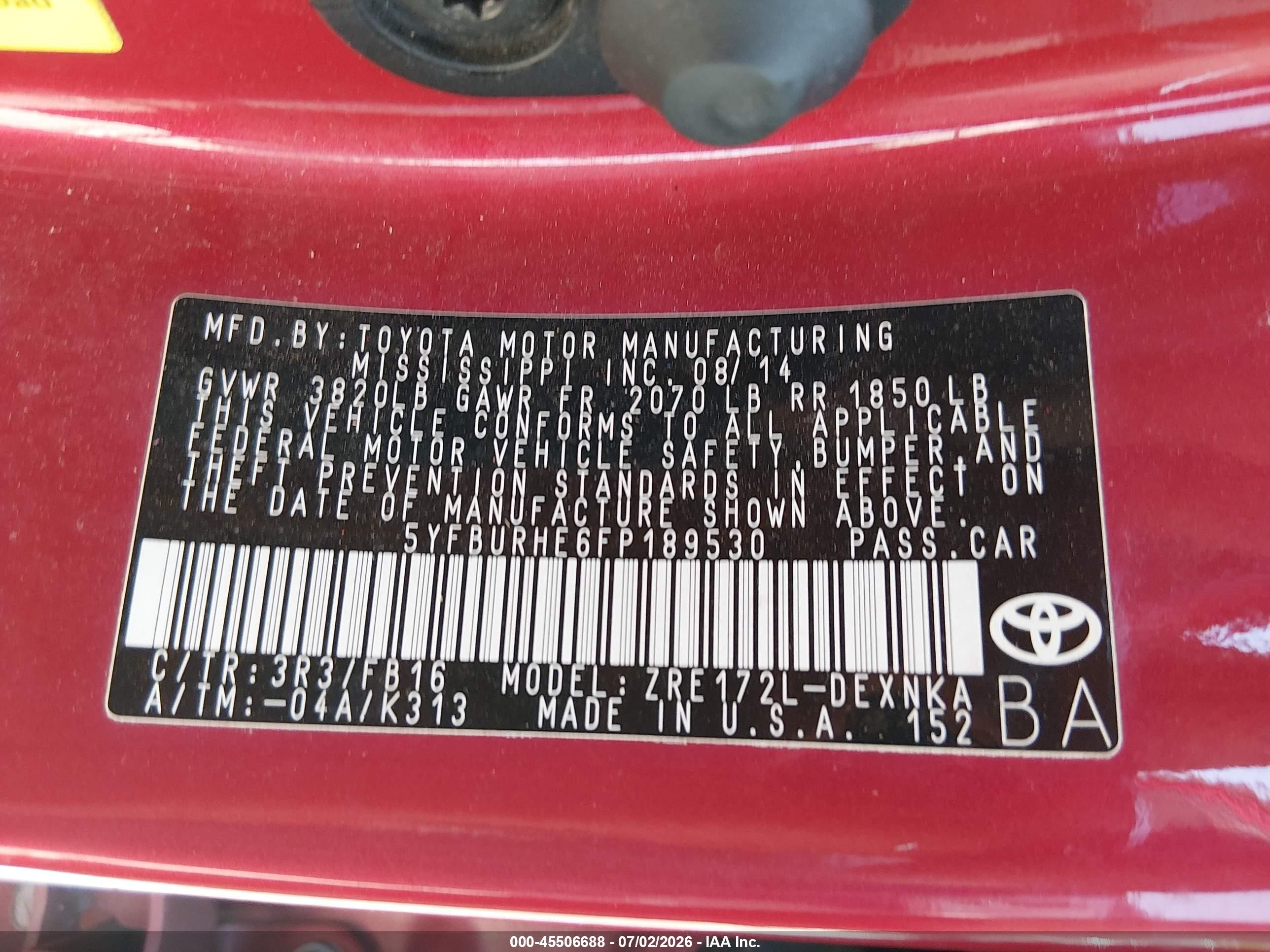 2015 Toyota Corolla Le Plus Red vin: 5YFBURHE6FP189530