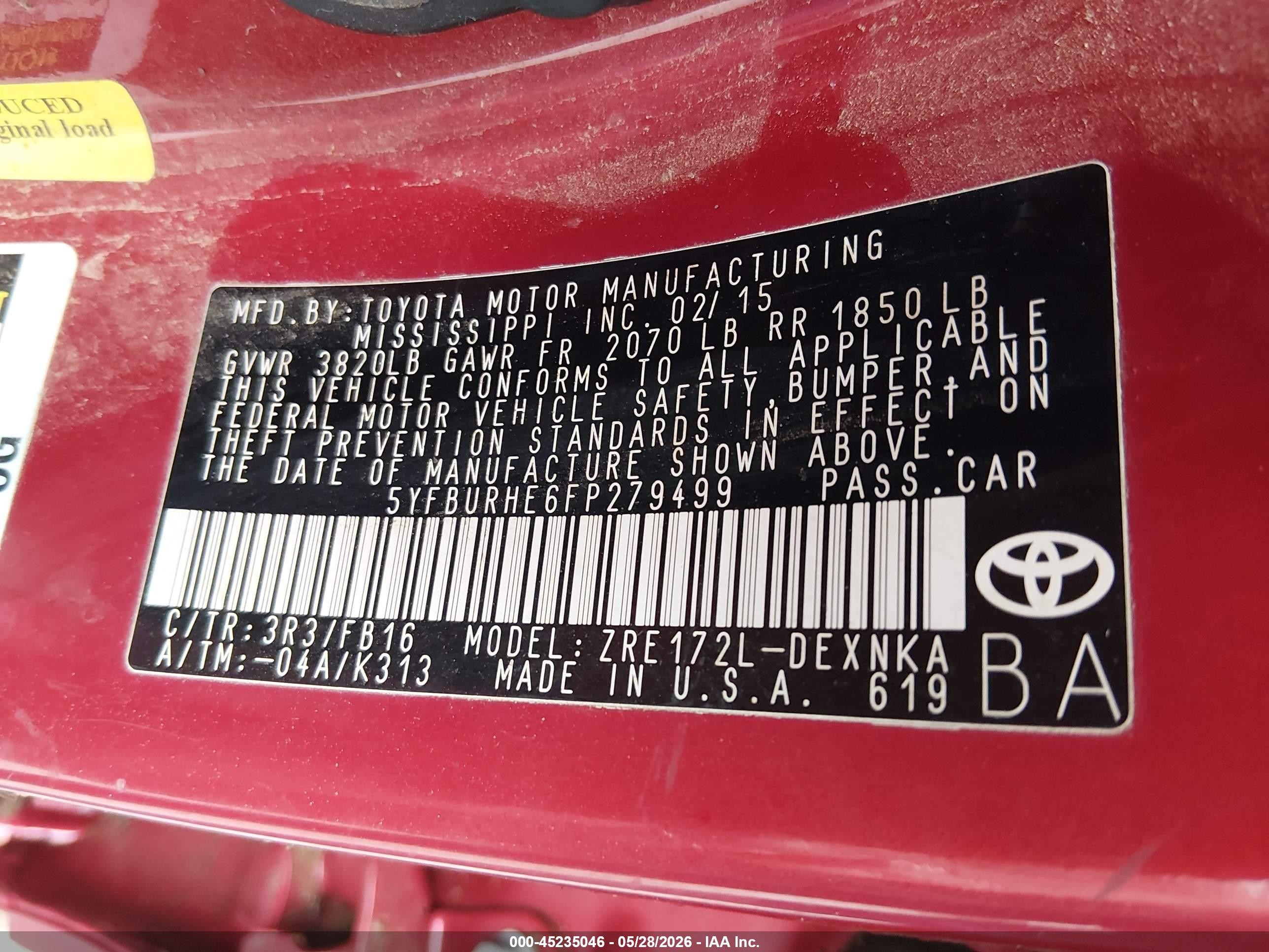2015 Toyota Corolla Le Plus Red vin: 5YFBURHE6FP279499