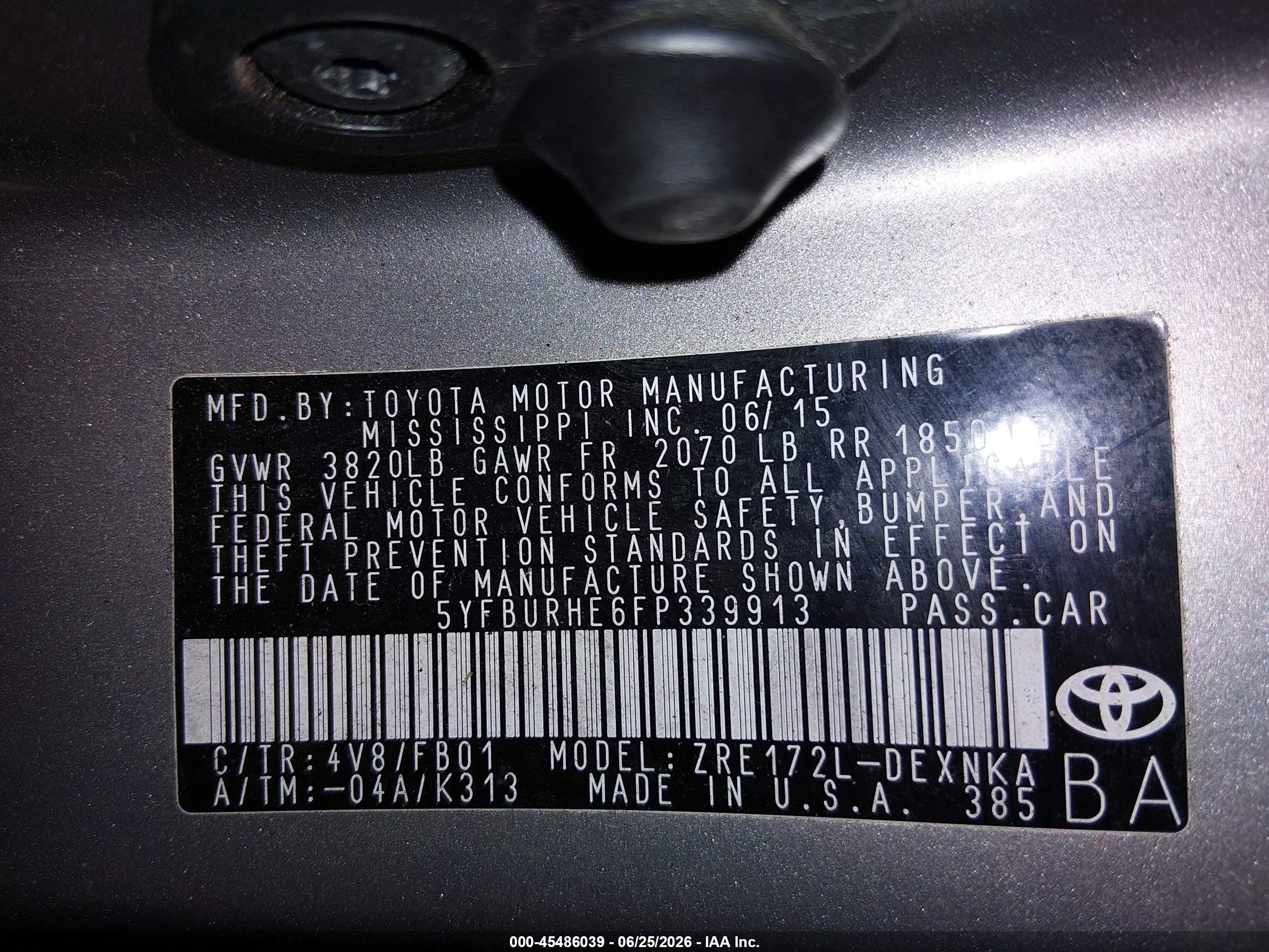 2015 Toyota Corolla Le Champagne vin: 5YFBURHE6FP339913