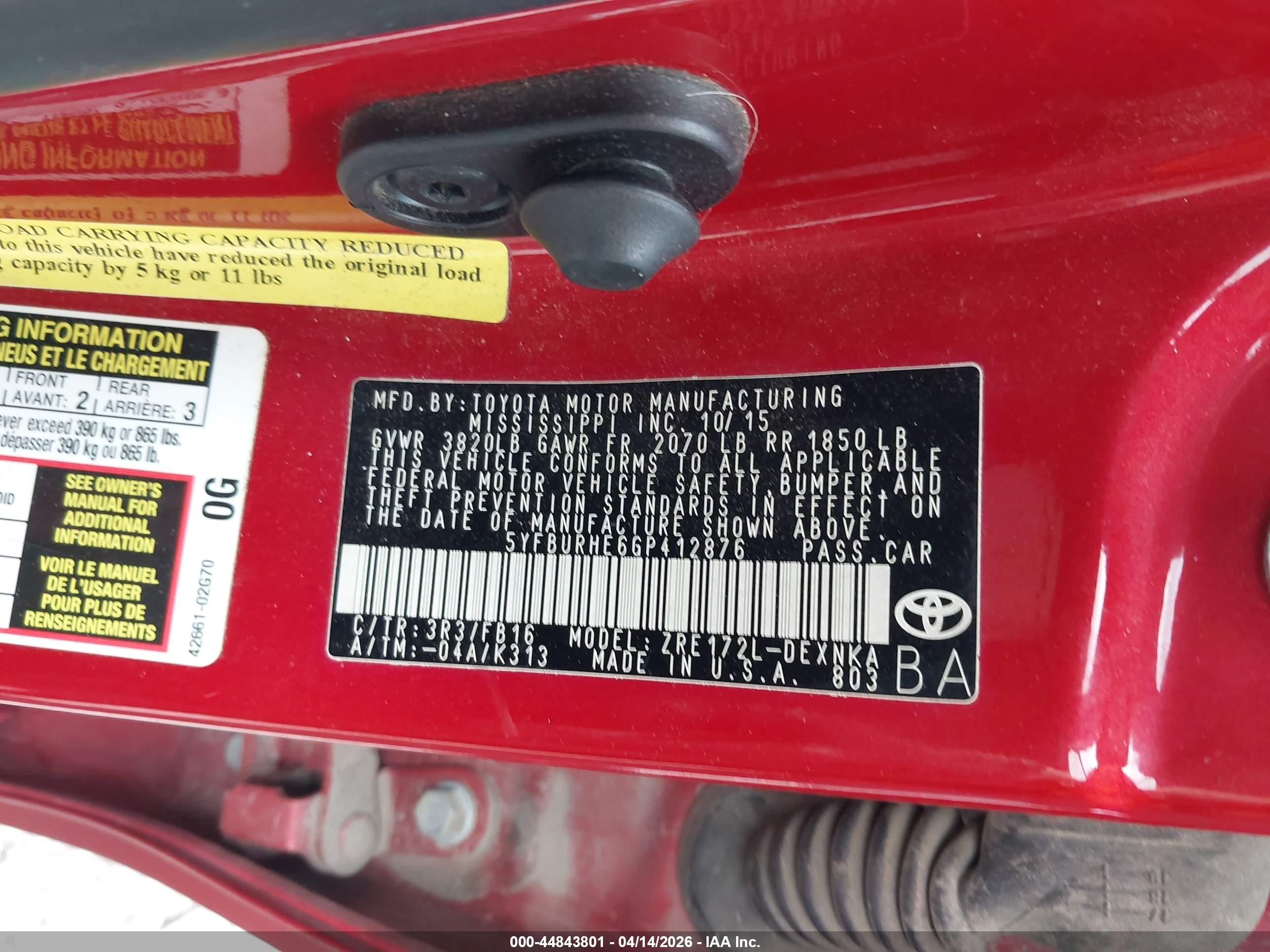 2016 Toyota Corolla Le Red vin: 5YFBURHE6GP412876