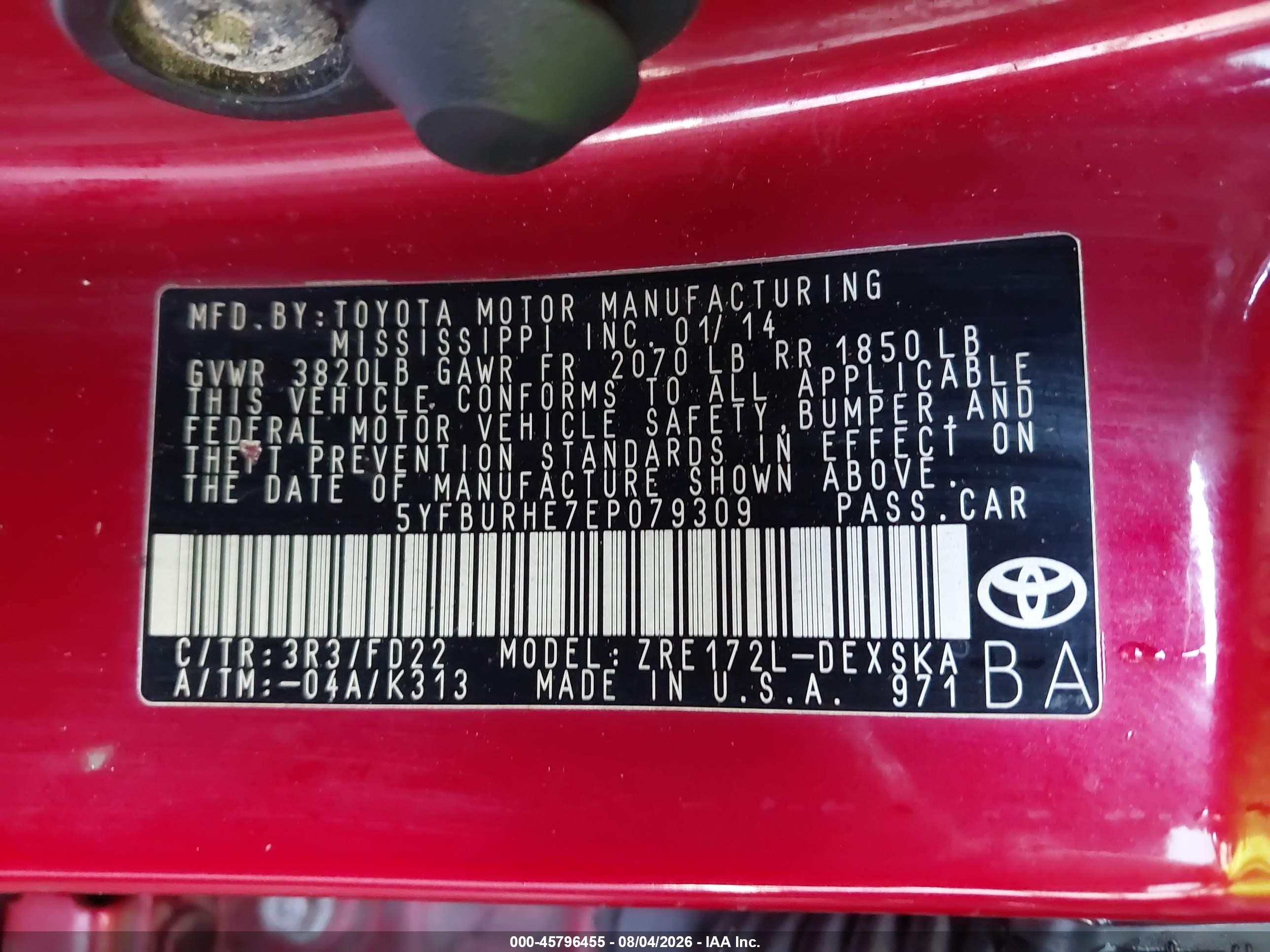 2014 Toyota Corolla S Plus Red vin: 5YFBURHE7EP079309