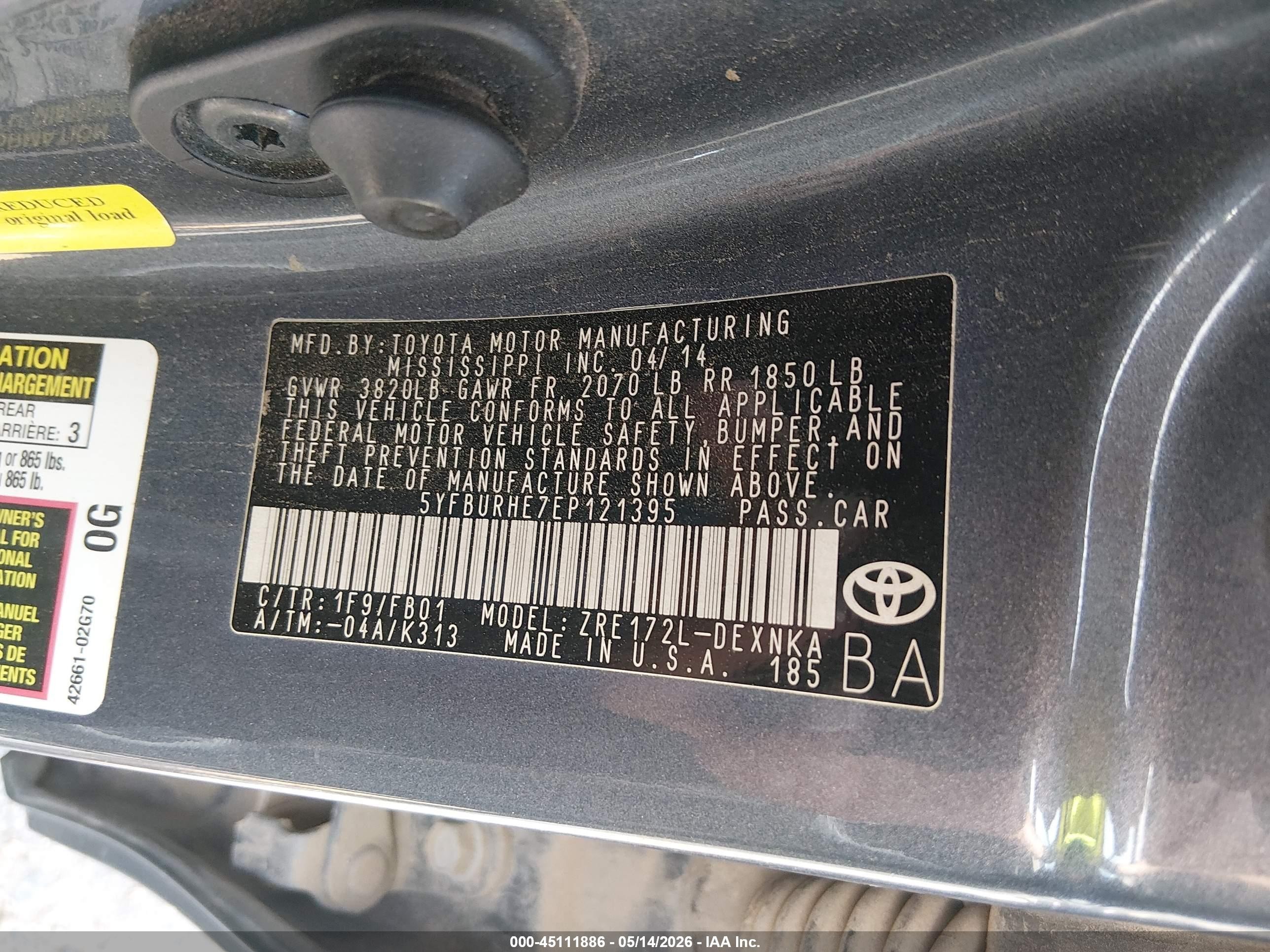 2014 Toyota Corolla Le Gray vin: 5YFBURHE7EP121395