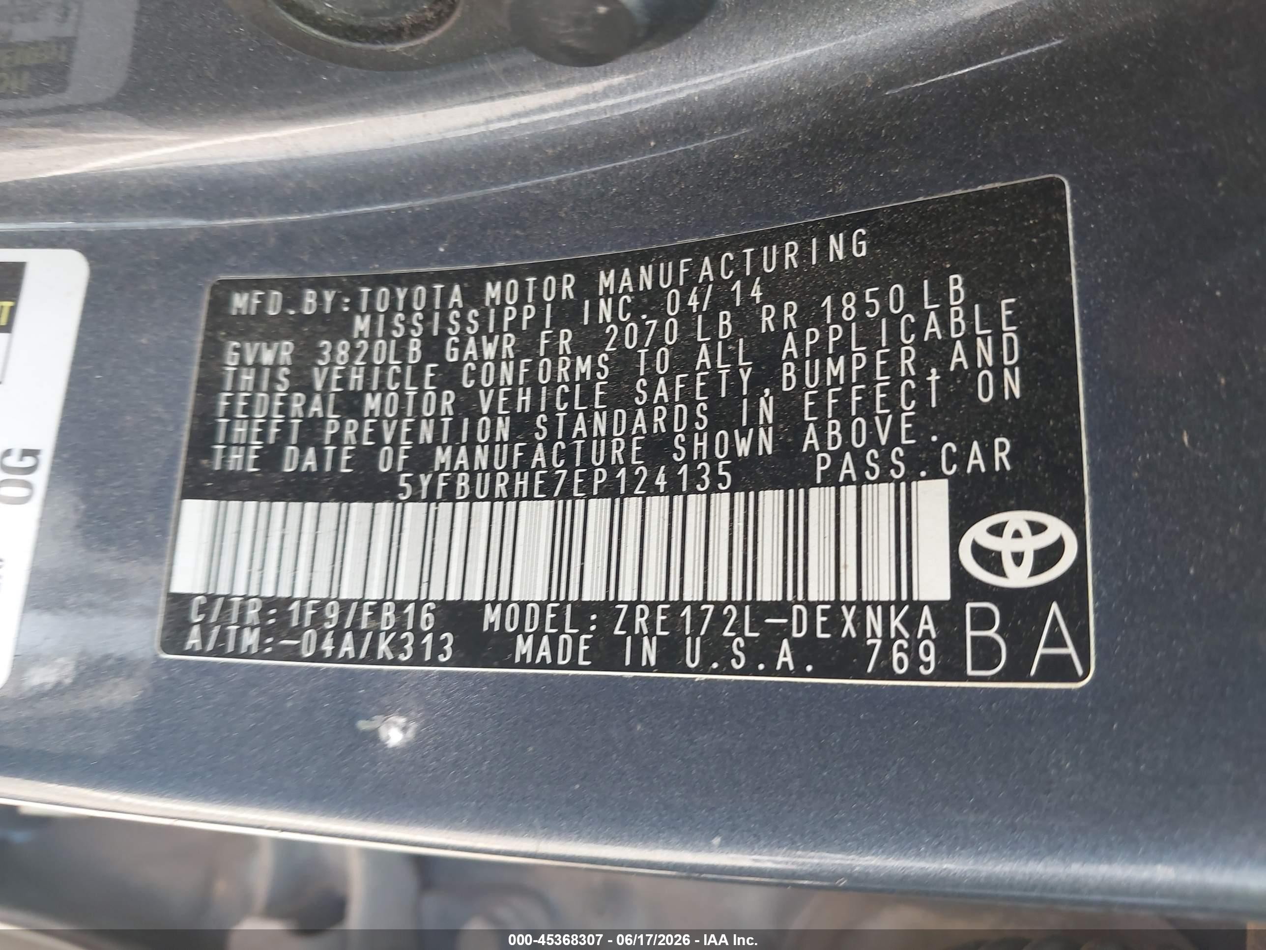 2014 Toyota Corolla Le Light Blue vin: 5YFBURHE7EP124135