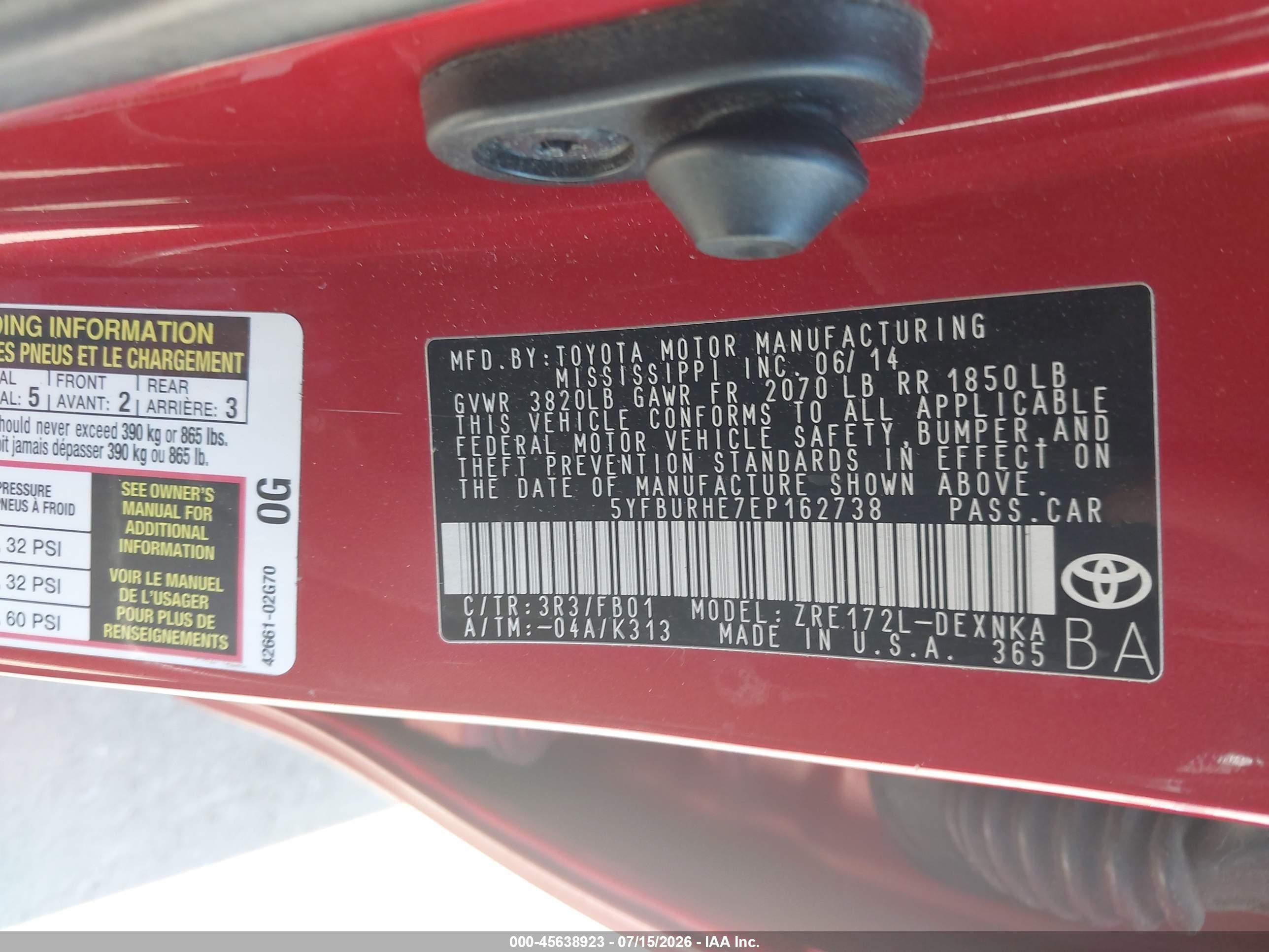 2014 Toyota Corolla Le Plus Red vin: 5YFBURHE7EP162738